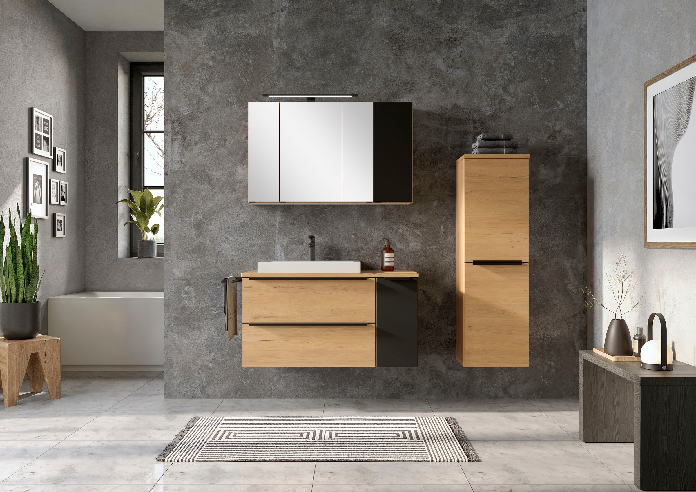welltime Spiegelschrank »MAILAND, gedämpfte Scharniere, LED-Aufbauleuchte« Maße (B/H/T): ca. 105/64/20 cm,  Wildeiche/matt schwarz, LED-Aufbauleuchte, gedämpfte Scharniere