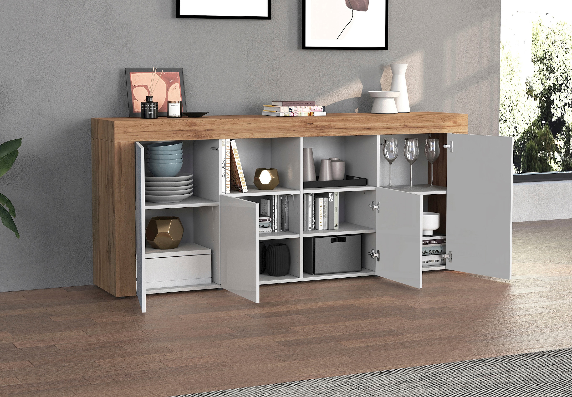 INOSIGN Sideboard »CHRONOS Breite 200 cm mit 4 Türen, 2 offene und 8 geschlossene Fächer«, (1 St.), Sideboard,Kommode, Schrank, Grifflos mit Push to Open, Made in Italy