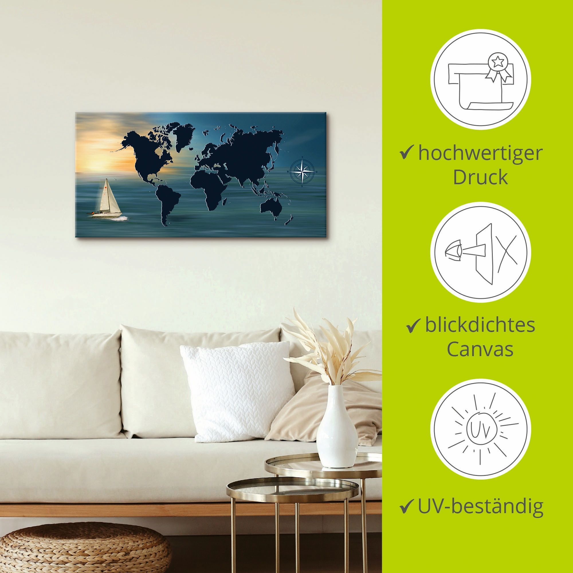 Artland Wandbild »Weltumsegelung mit Weltkarte«, Landkarten, (1 St.), als Leinwandbild, Poster in verschied. Größen
