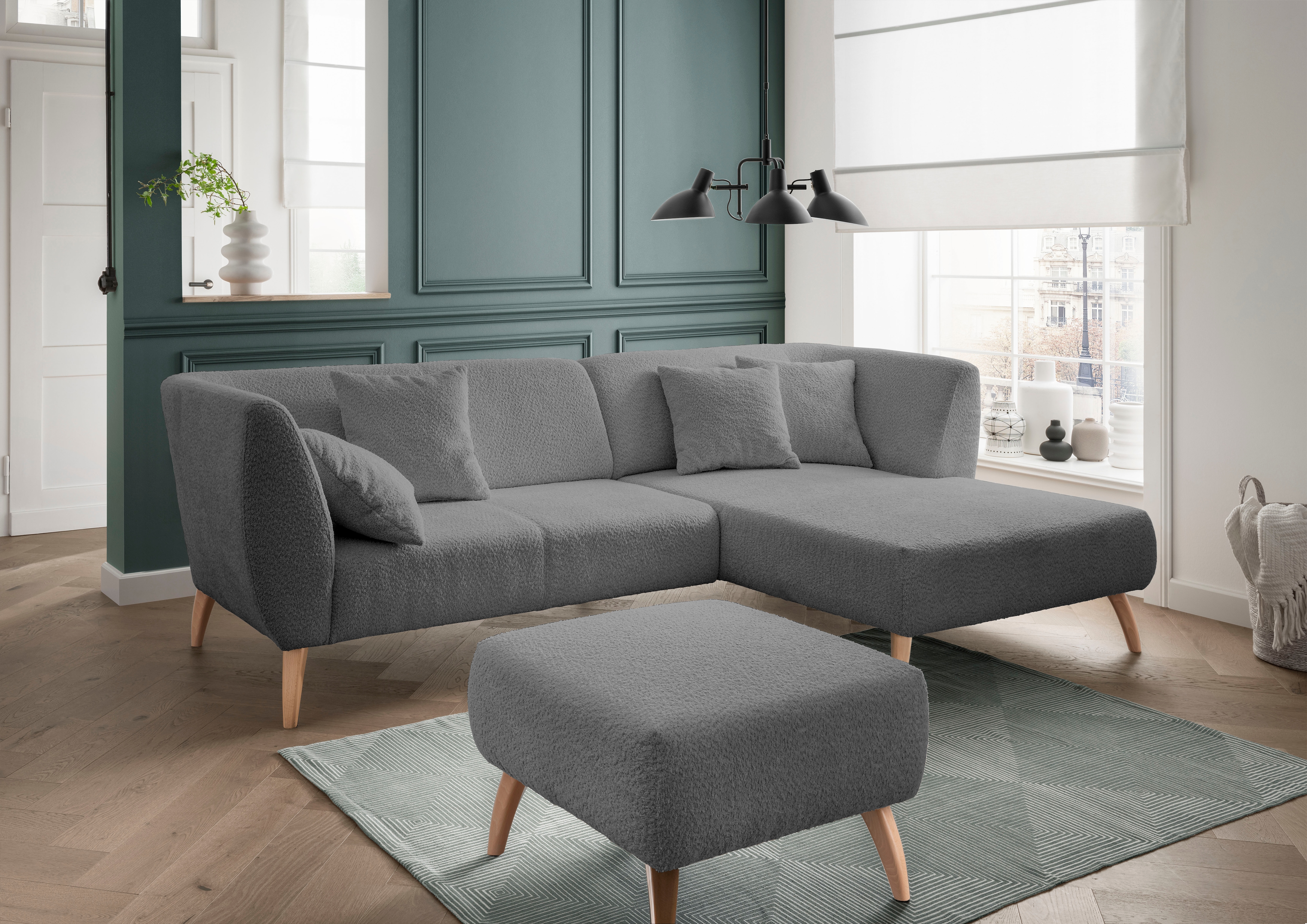 Home affaire Ecksofa "Lazio modern und bequem, schmale Armlehnen, tolle Detailverarbeitung" Holzfußfarbe wählbar, inkl. 4x Zierkissen