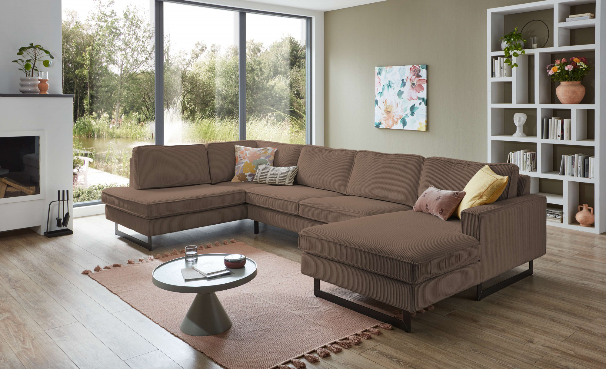 OTTO home Wohnlandschaft "Pinto, 350 cm, U-Form, XXL, mit Ottomanen" Cord, Chenille, Lederoptik, mit Keder, Metallfüße, Wellenunterfederung
