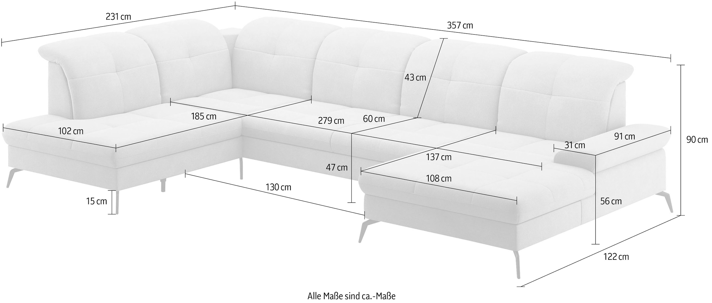 sit&more Wohnlandschaft »Amica, U-Form, inkl. Sitztiefenverstellung und Armteilverstellung«, wahlweise mit Kopfteilverstellung, Bettfunktion und Bettkasten