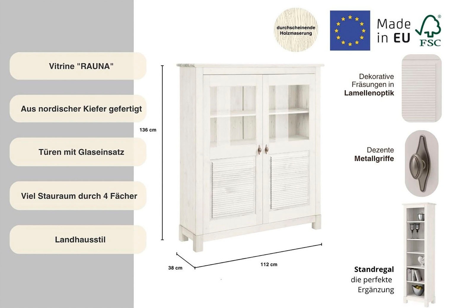 Thumbnail - Home affaire Highboard "Rauna", Vitrine, Breite 111,6 cm, aus massiver Kiefer