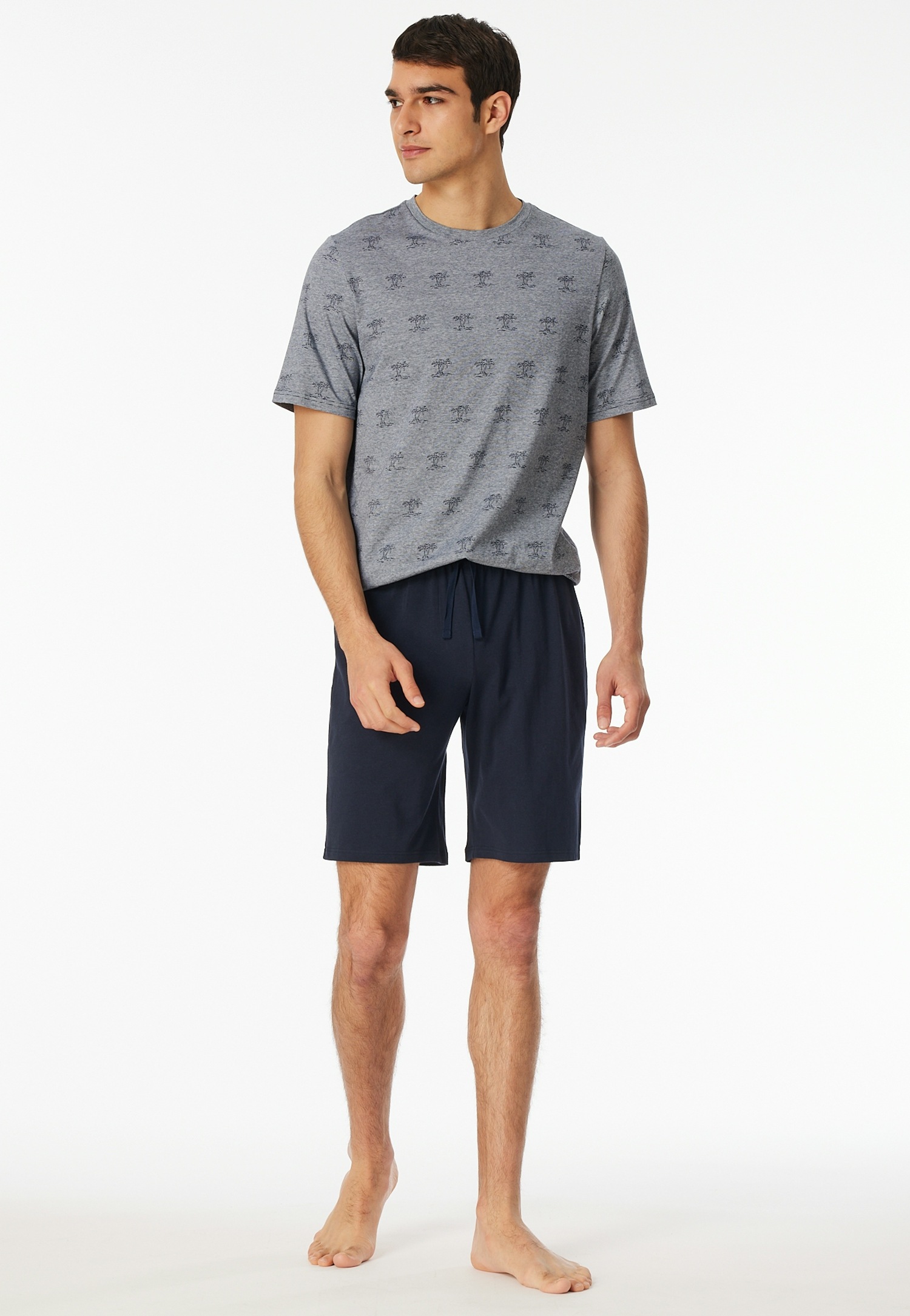 Schiesser Shorty »"95/5"«, (2 tlg.), Shirt mit garngefärbten, feinen Ringel mit Palmendruck