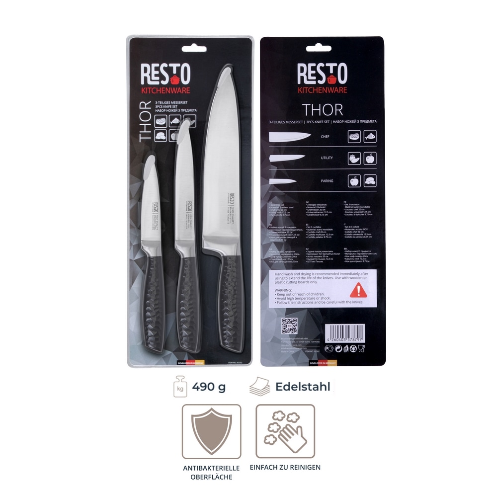 RESTO Kitchenware Messer-Set »Thor, Edelstahlmesser 3-teilig mit einzigartigem Griffdesign«, (Set, 3 tlg.), Kochmesser 20 cm, Universalmesser 13 cm, Gemüsemesser 8,75 cm