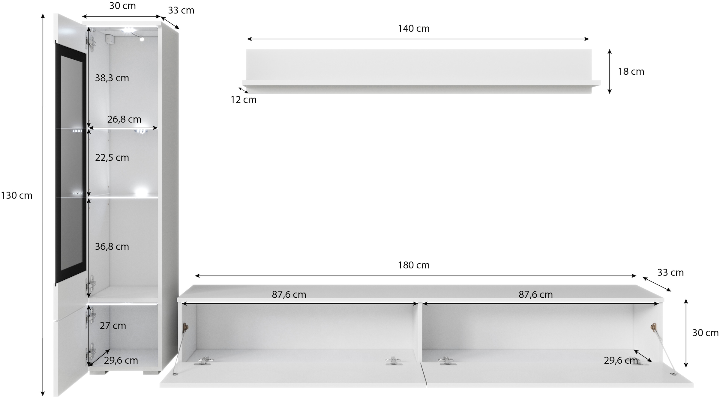 INOSIGN Wohnwand »VERA I, Vitrinen Türanschlag links/rechts wechselbar«, (Komplett-Set, 3 St.), Vitrine mit Verglasung, stehend und hängend, inklusive Beleuchtung