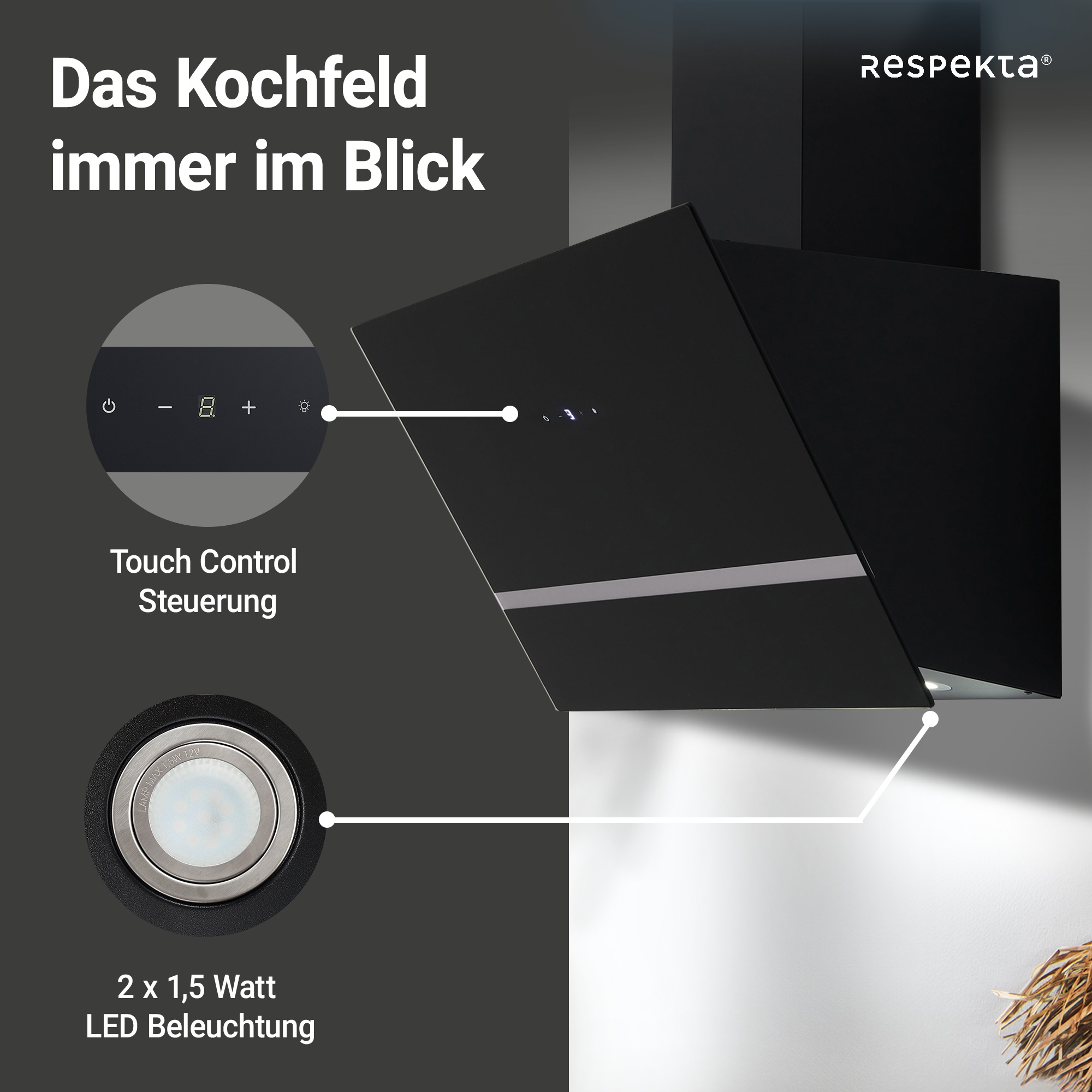 RESPEKTA Kopffreihaube »CH 24060 SAM«, 60 cm, 3 Leistungsstufen, LED-Beleuchtung, Ab- und Umluftfähig