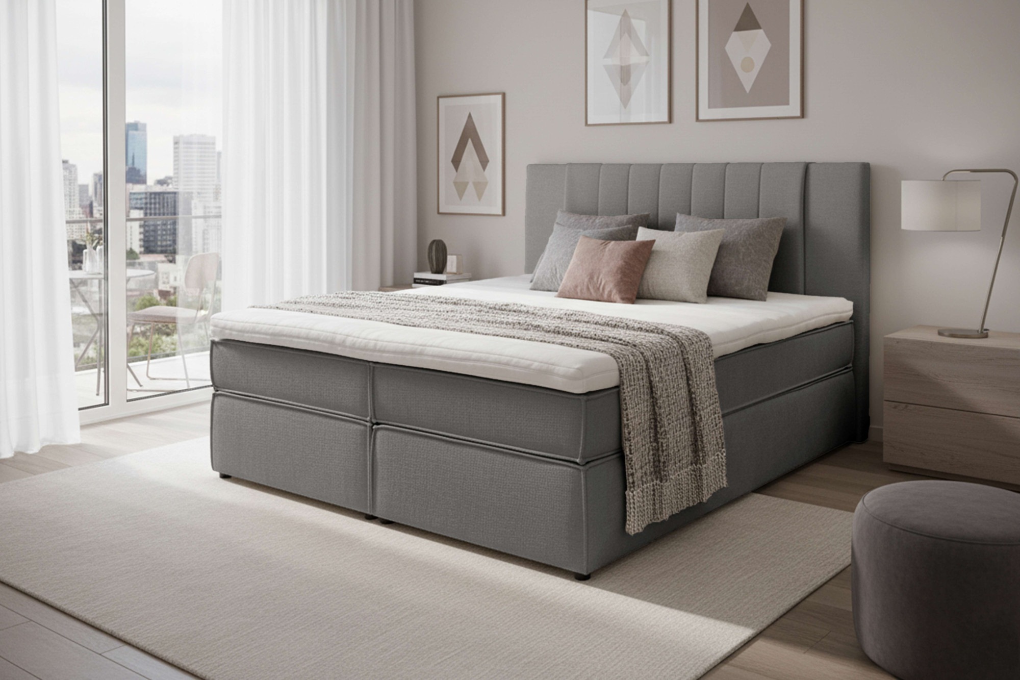 Boxspringbett HOME AFFAIRE "Bellissimo, Doppelbett, Polsterbett, Federkernbett, Komforbett", grau, B:165cm L:215cm, 100% PES, Komplettbetten, Boxspringbett, inkl. 9cm Topper, 5-Zonen-Taschen-Federkernmatratze, Härtegrad 3
