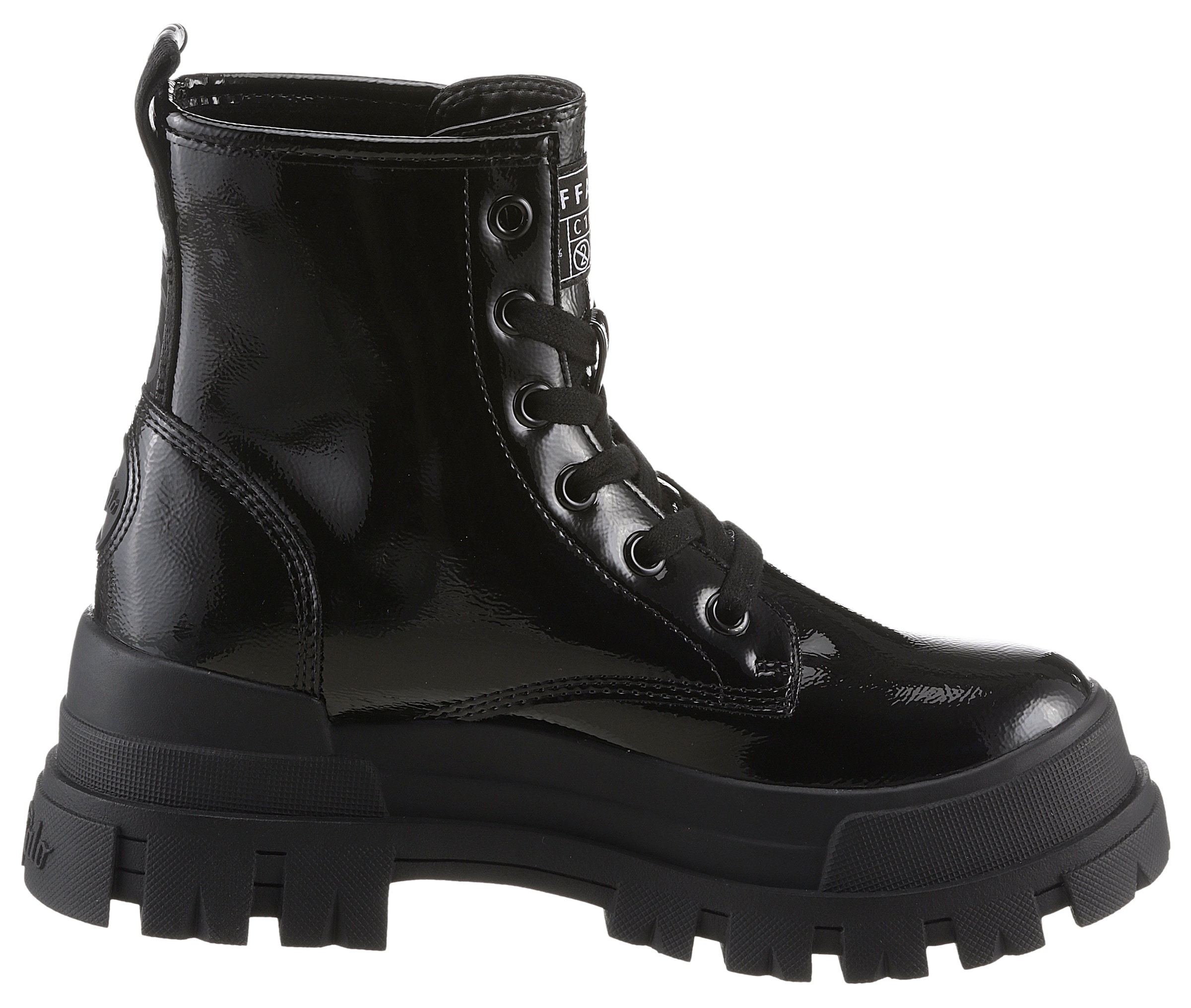Buffalo Schnürboots »ASPHA RLD VEGAN«, Schnürstiefelette, Plateaustiefelette, Blockabsatz, in Lack-Optik