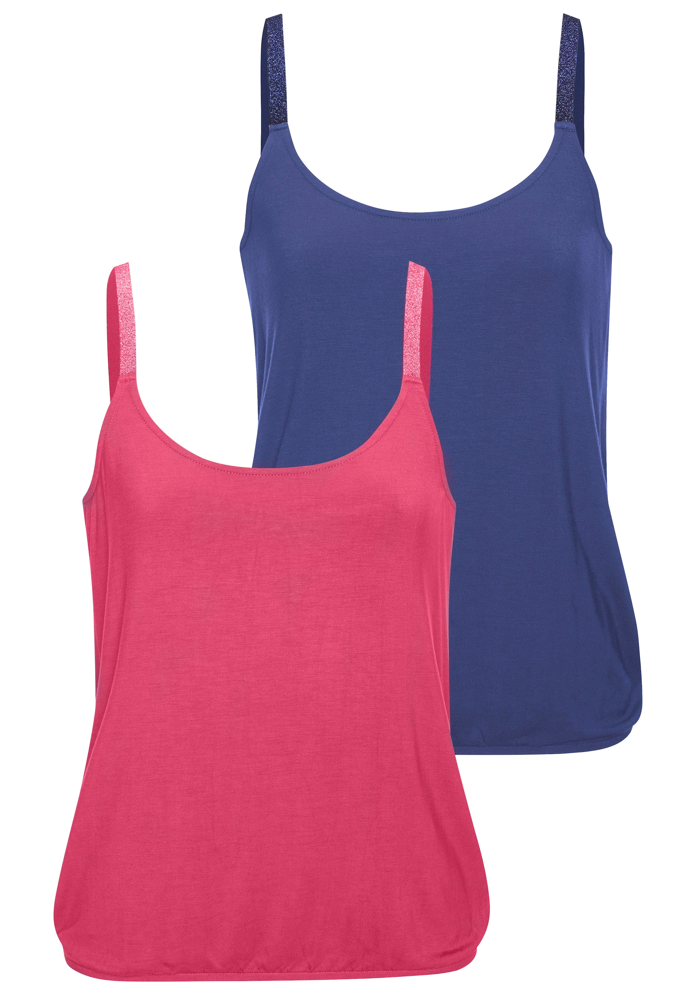 Trägertop VIVANCE "mit elastischen Glitzerträgern", Damen, Gr. 44/46, bunt (koralle, navy), Single Jersey, Obermaterial: 95% Viskose (LENZING™ ECOVERO™), 5% Elasthan, unifarben, tiefer Rundhals, Tops Trägertop, aus weichem Viskose-Stretch