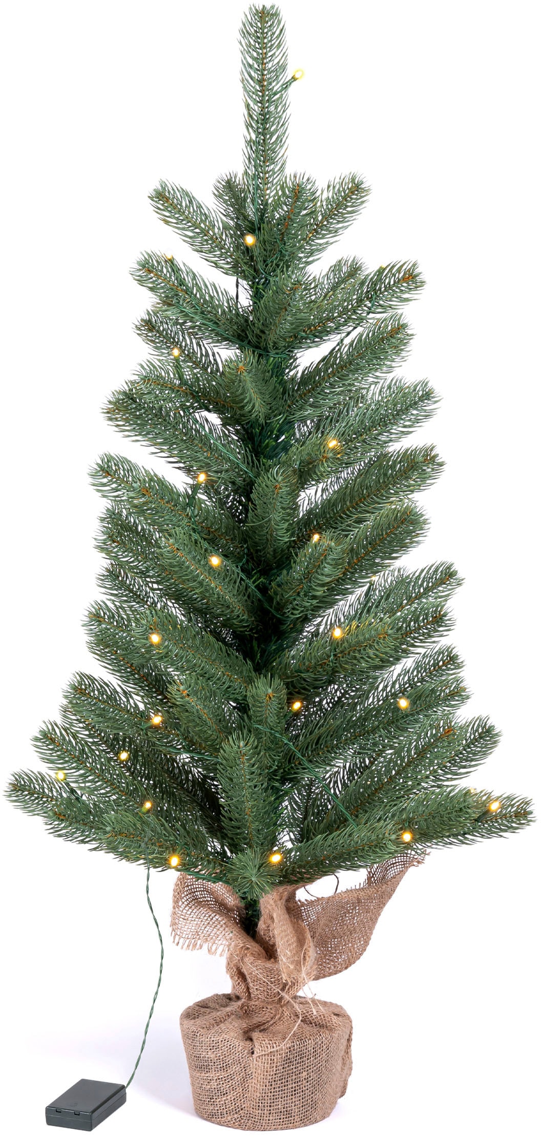 IC Winterworld Künstlicher Weihnachtsbaum »LED-Tannenbaum, künstlicher Christbaum«, Nordmanntanne, Weihnachtsdeko mit Jutebeutel um den Betonfuß, Batteriebetrieb
