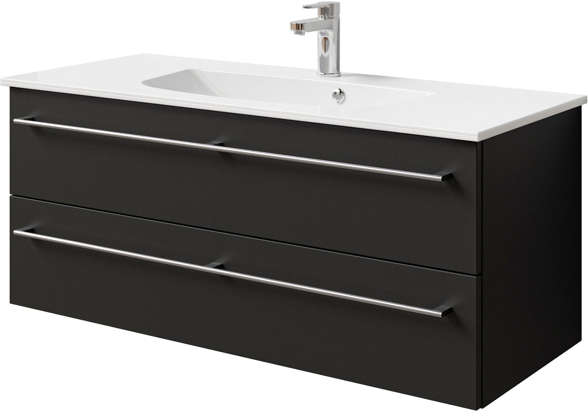 Saphir Badmöbel-Set »Serie 6025 2-teilig Mineralmarmor-Waschtisch mit LED-Spiegelschrank«, (2 St.), Waschplatz 117cm breit, 2 Schubladen, 3 Spiegel-Türen, inkl Türdämpfer