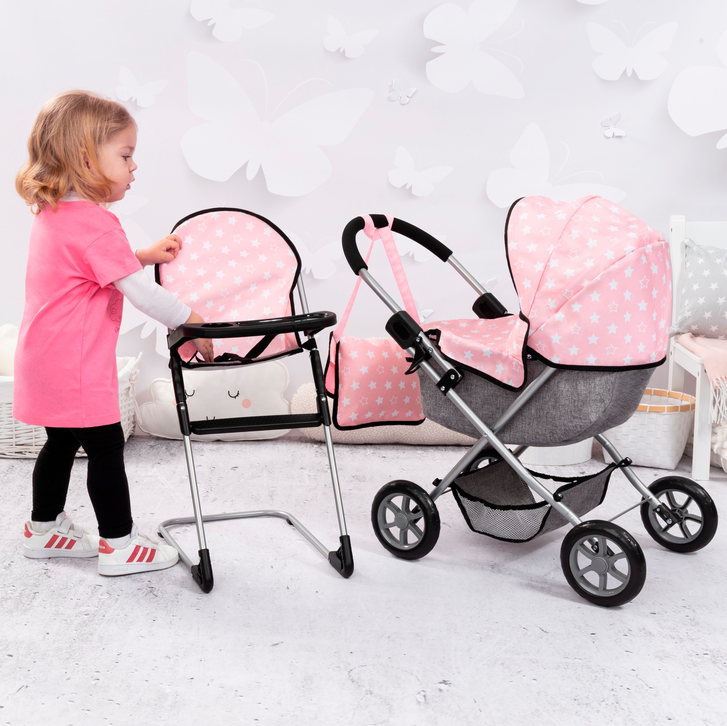Bayer Puppenwagen »Cosy Set, rosa«, mit Puppenhochstuhl und Wickeltasche