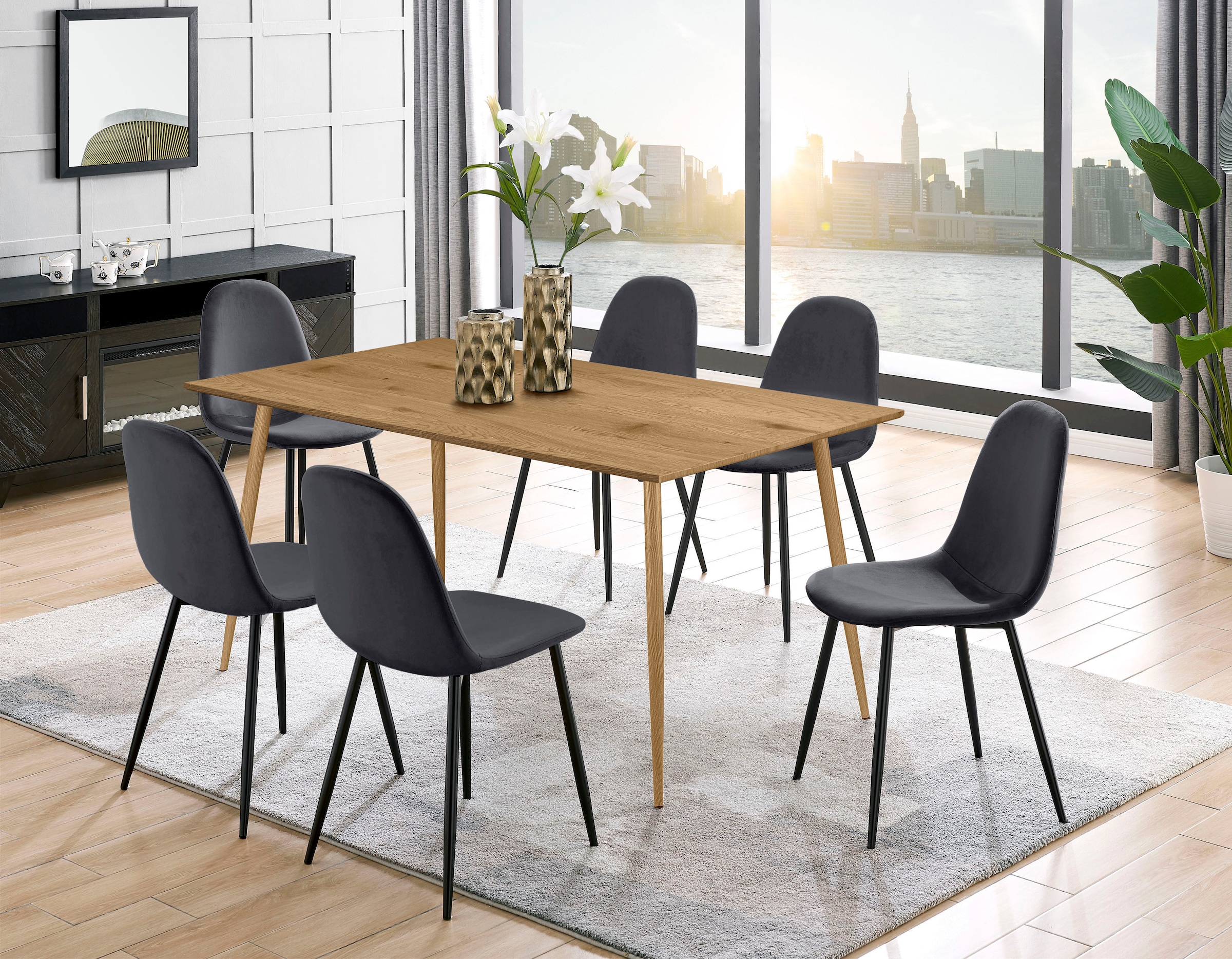 Leonique Essgruppe »Eadwine, TOPSELLER! Tisch plus 4 Stühle, Sitzgruppe«, (Set, 5 tlg., Esstisch plus 4 Esszimmerstühle), bestehend aus Esstisch 160 cm und 4 Esszimmerstühlen, Polsterstühlen