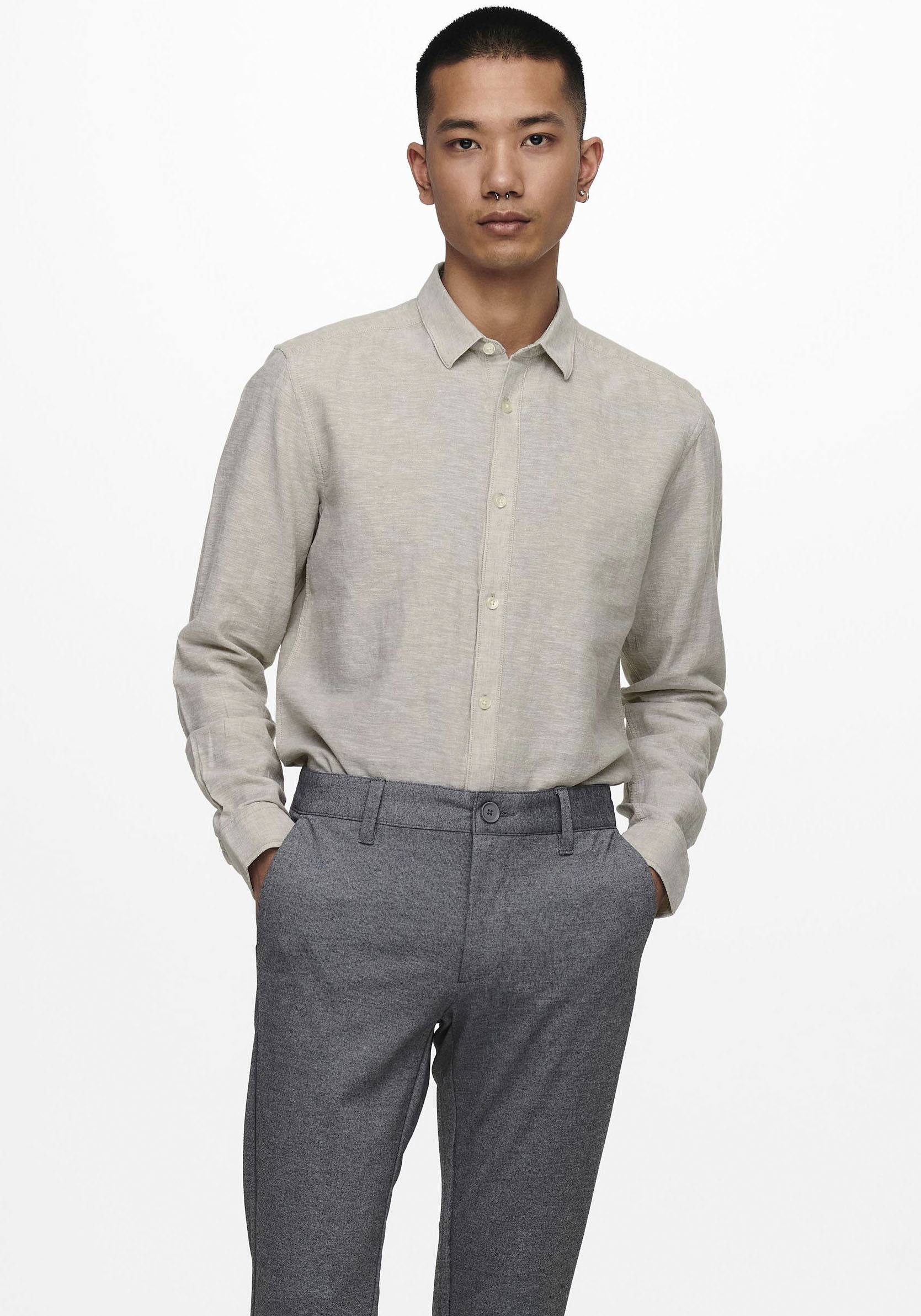 ONLY & SONS Langarmhemd "ONSCAIDEN LS SOLID LINEN SHIRT NOOS" Baumwollmischung mit Leinen, slim fit