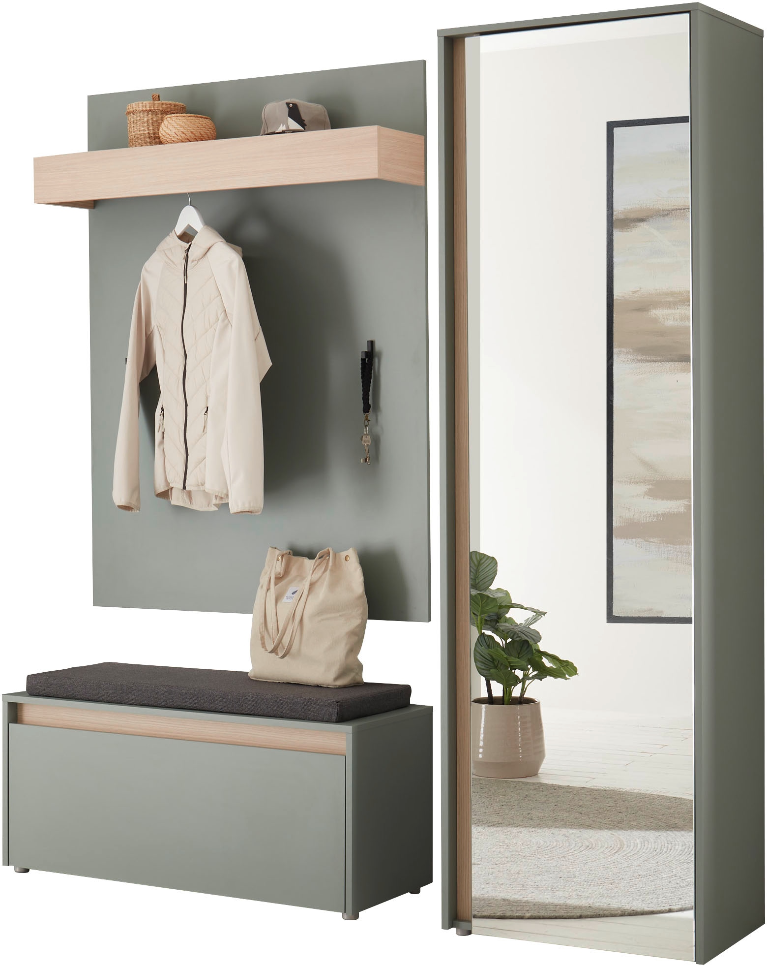 INOSIGN Garderoben-Set »GIRON/CiTY, moderne Garderobe, Komplettset mit viel Stauraum«, (Komplett-Set, 3 St.), enthält Garderobenschrank, Paneel, Schuhbank inkl. Sitzkissen