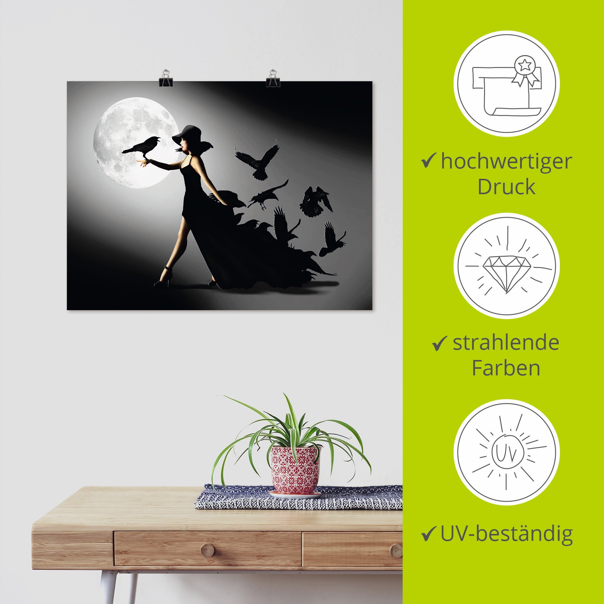 Artland Wandbild »Die Frau mit den Raben«, Animal Fantasy, (1 St.), als Alubild, Outdoorbild, Leinwandbild, Poster, Wandaufkleber