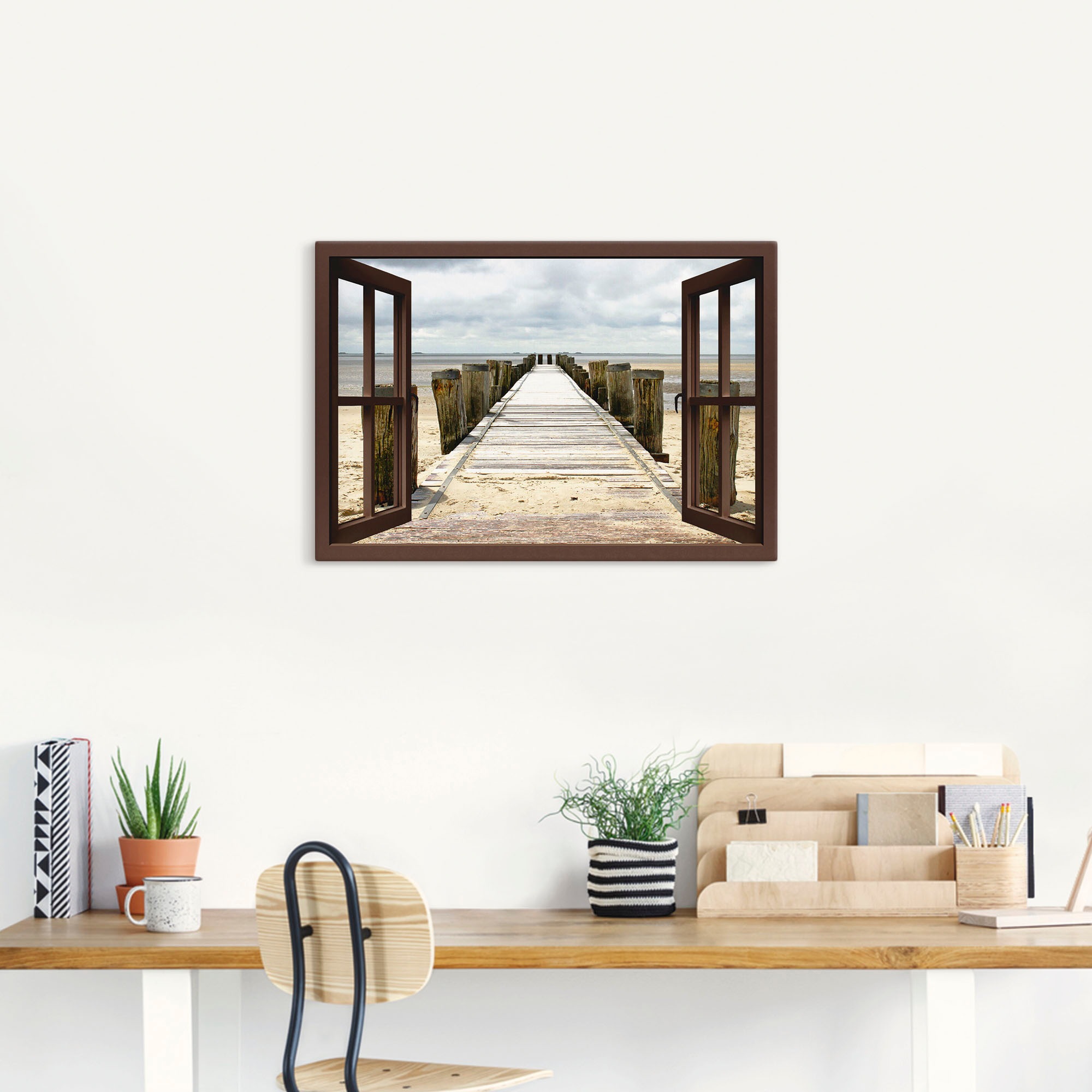Artland Wandbild »Fensterblick - Steg ins Watt«, Fensterblick, (1 St.), als Leinwandbild, Wandaufkleber in verschied. Größen