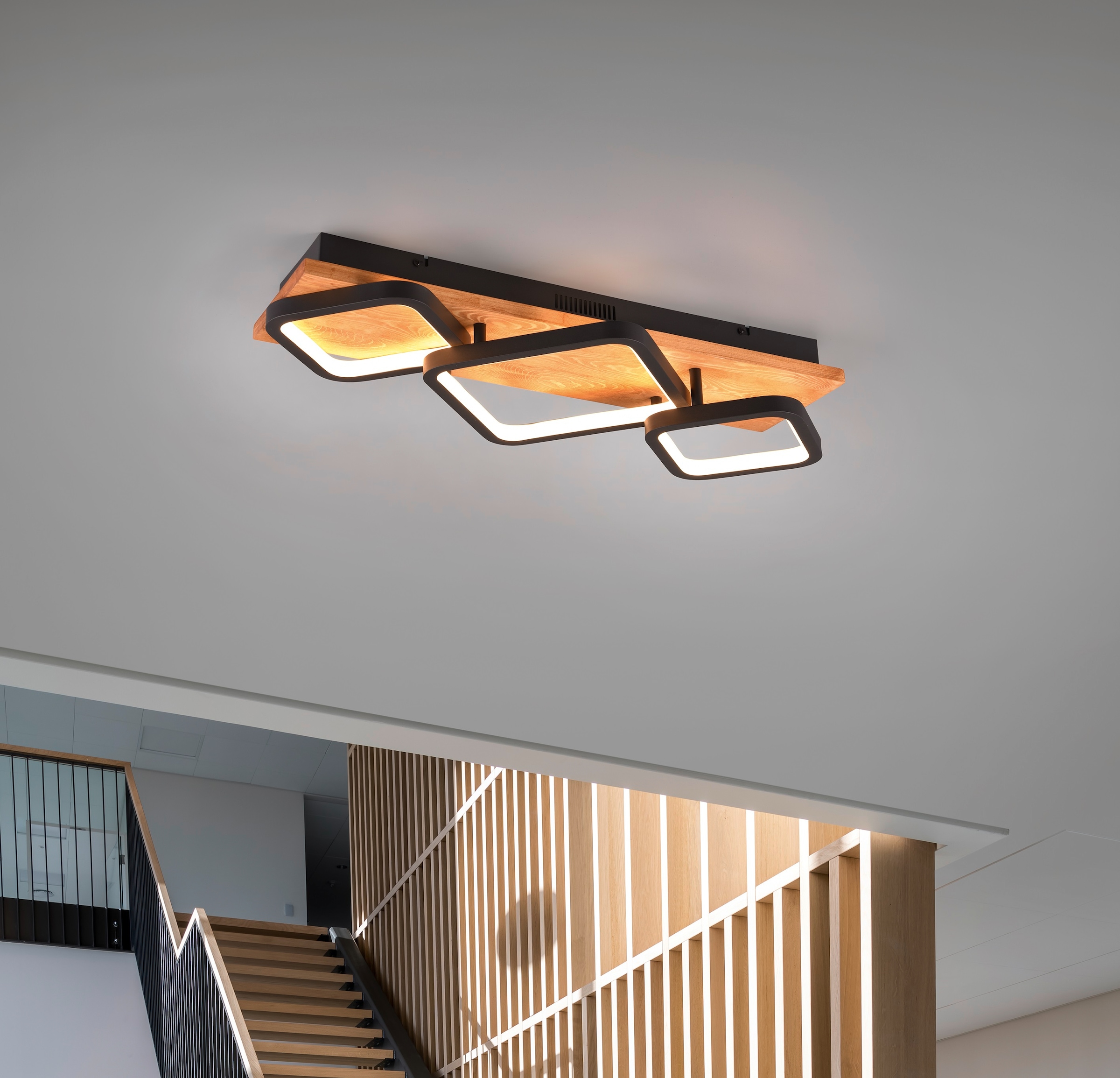 TRIO Leuchten LED Deckenleuchte »RAMA, LED Wandlampe oder Deckenlampe mit 4 Stufen Switch Dimmer«, 1 flammig, Leuchtmittel LED-Board | LED fest integriert, LED warmweiß & 3800 Lumen indirektes Licht Holz Deckenlampe Wohnzimmer