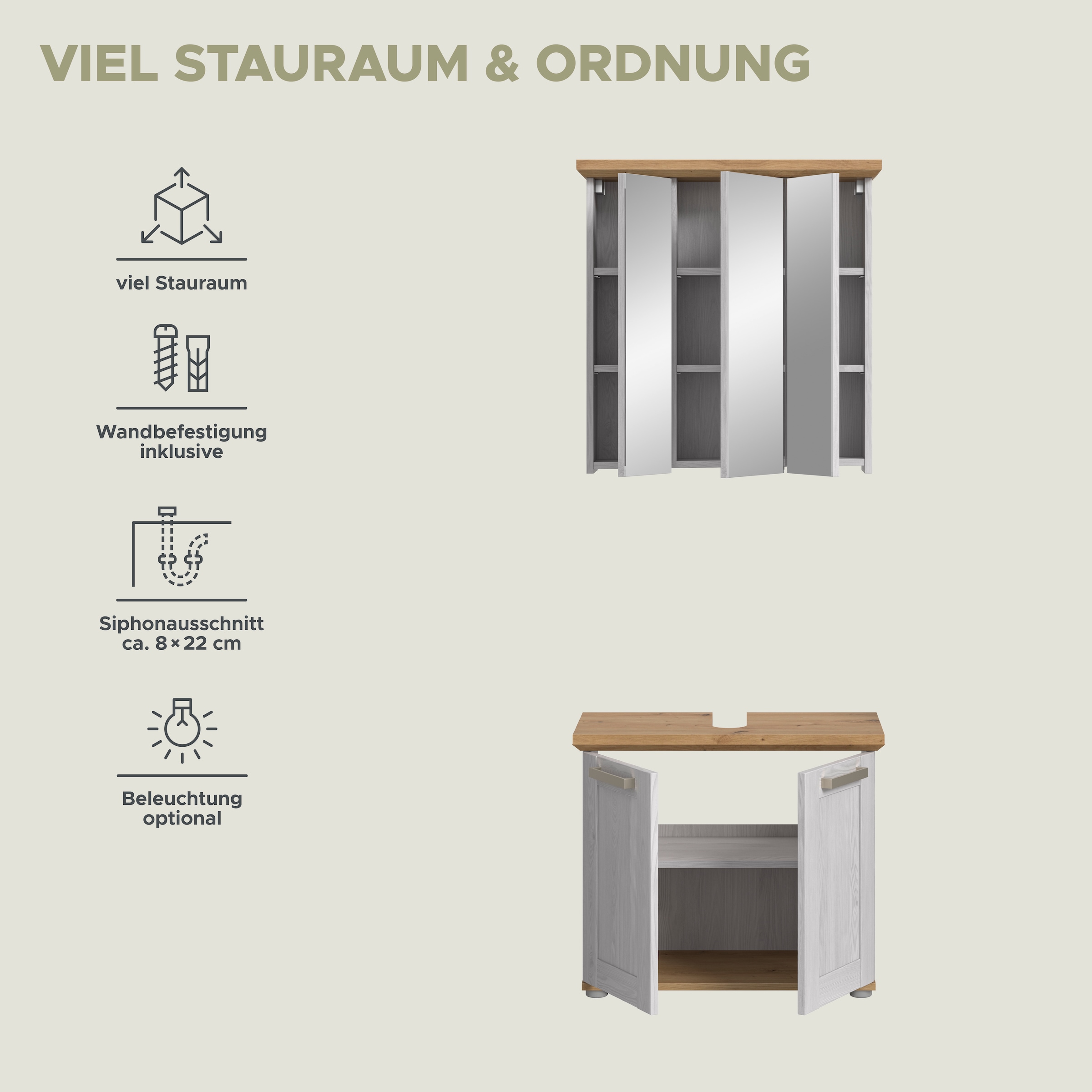 welltime Badmöbel-Set »COSENZA, 2-teilig, in Landhausoptik, mit farblich abgesetztem Kranz« bestehend aus: Spiegelschrank und Waschbeckenunterschrank, 2 Stk. tlg.