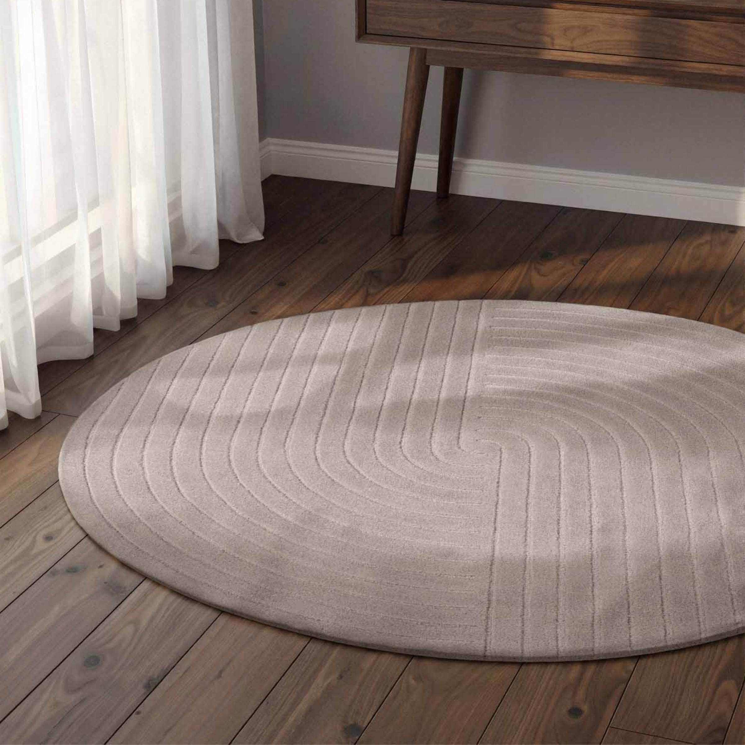 Wollteppich VIKOSA "Arcura", hellgrau, H:15mm Ø:200cm, Wolle, Teppiche, Wolle Handgemacht, Hoch-Tief-Effekt, Geometrisches Linien Wellendesign