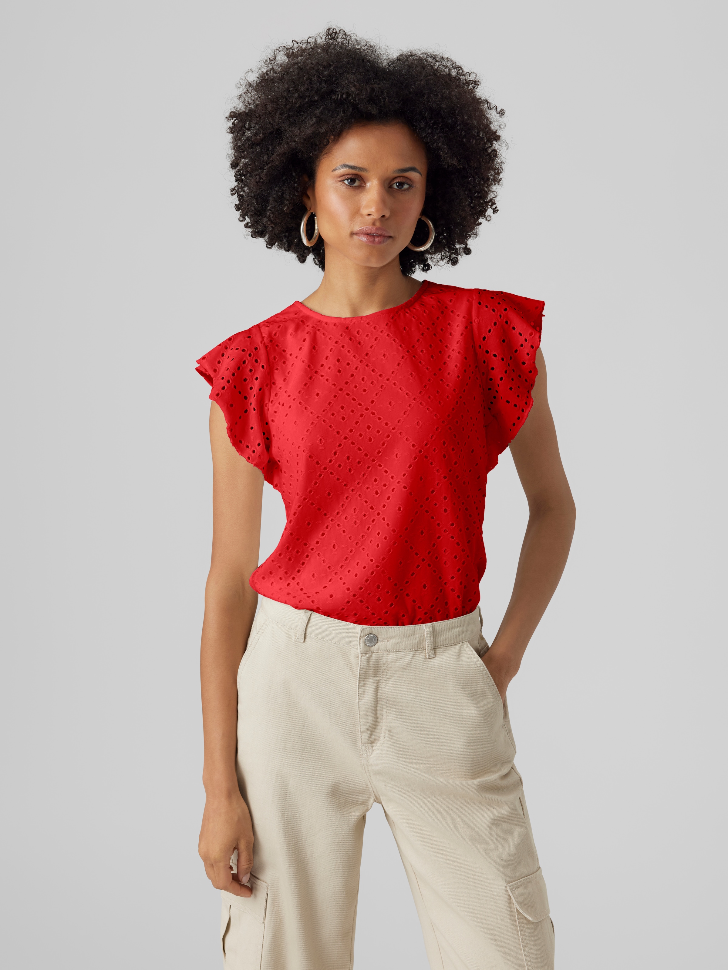 Vero Moda Rundhalsshirt "VMTASSA SL FRILL TOP NOOS" Materialmix, loose fit günstig online kaufen