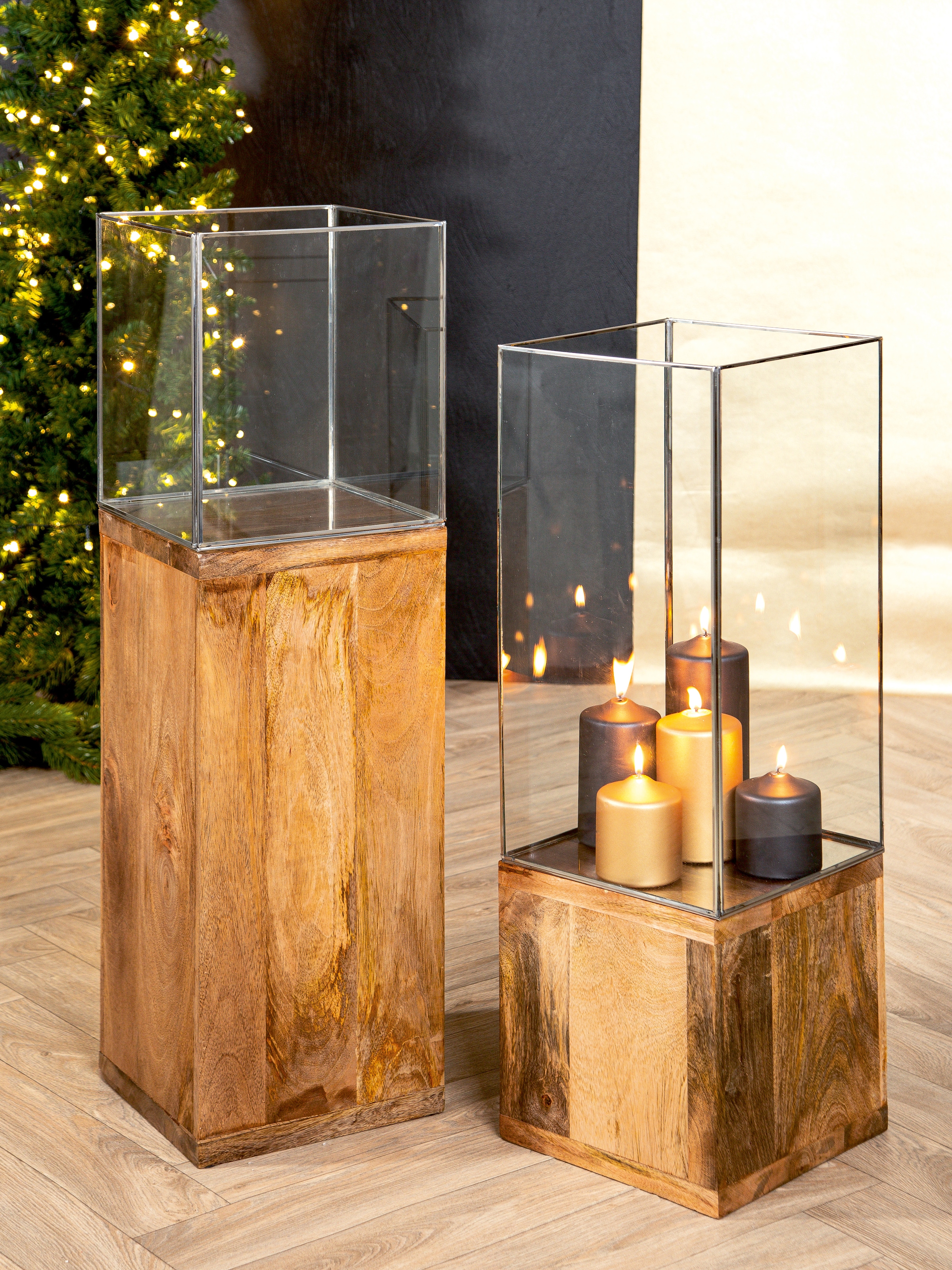 GILDE Bodenwindlicht »Kerzenhalter Säule« mit geöltem Mangoholz, Höhe ca. 91 cm