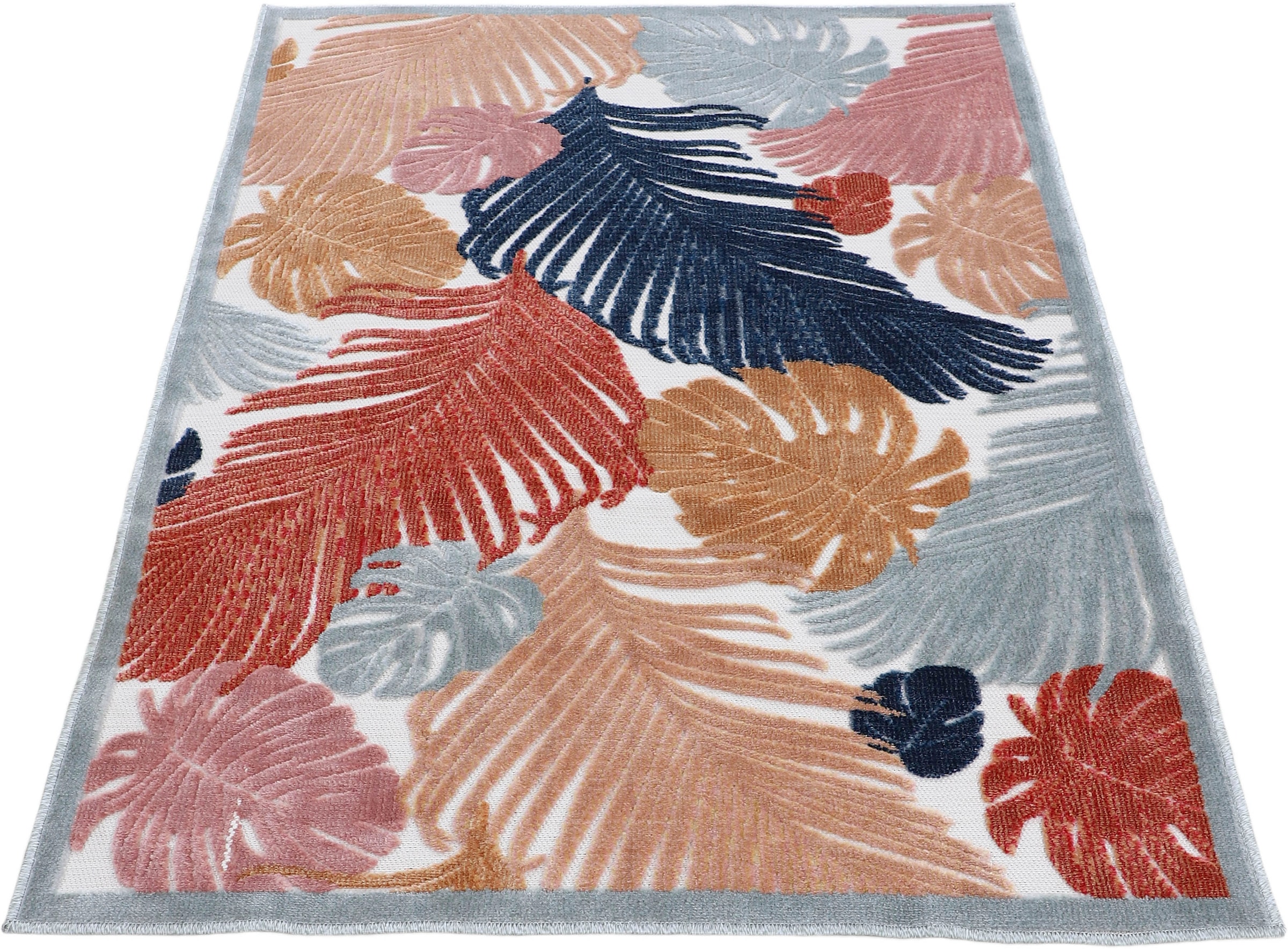 carpetfine Teppich »Deja 104«, rechteckig, 4 mm Höhe, robustes Flachgewebe, Motiv- Floral Palmenblätter, Hoch-Tief Effekt