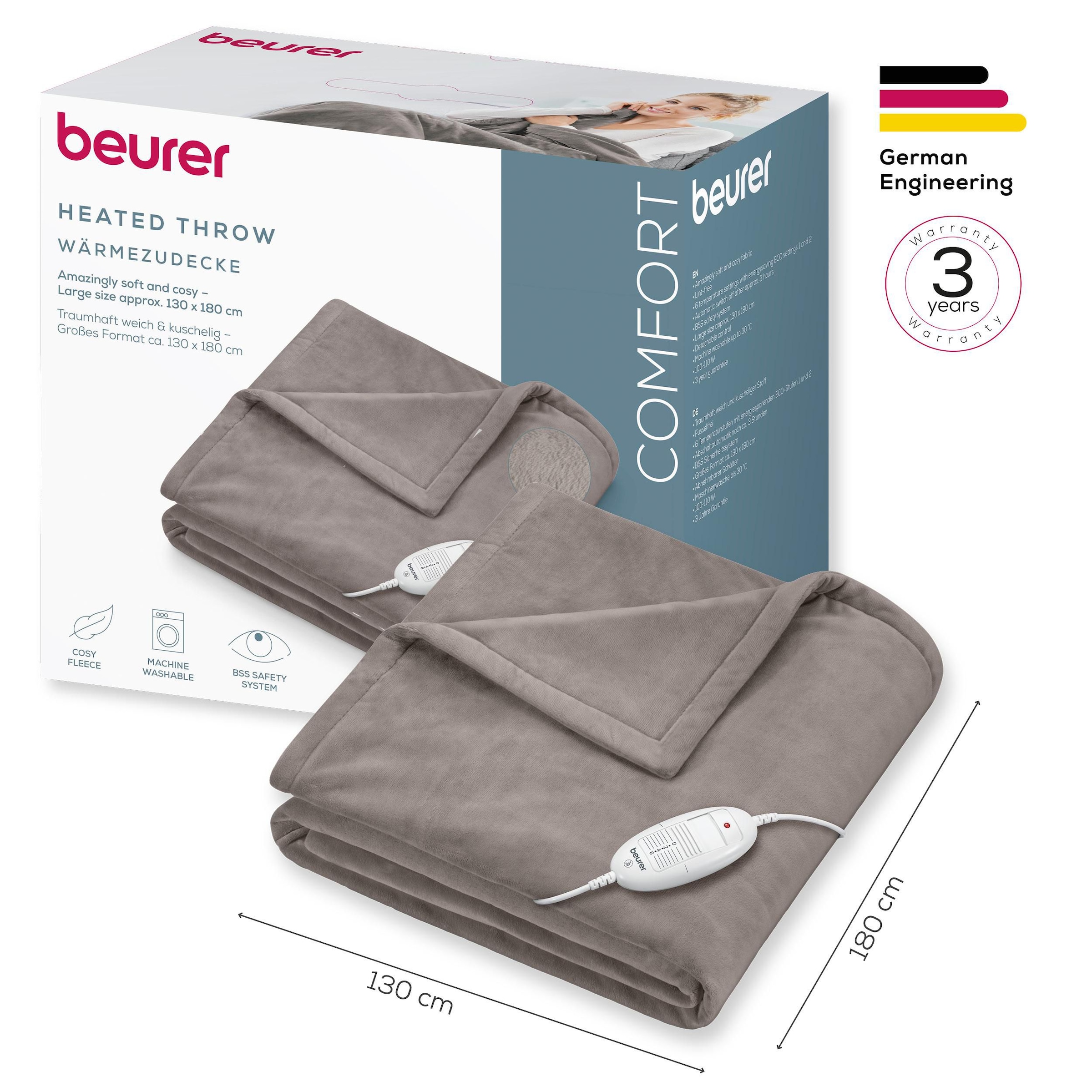 BEURER Heizdecke "HD 75 Cosy Taupe, 6 Temperaturstufen, 180 x 130 cm", grau, Flauschfaser, B:130cm H:180cm, Heizdecken, kuschelige Wärmedecke in