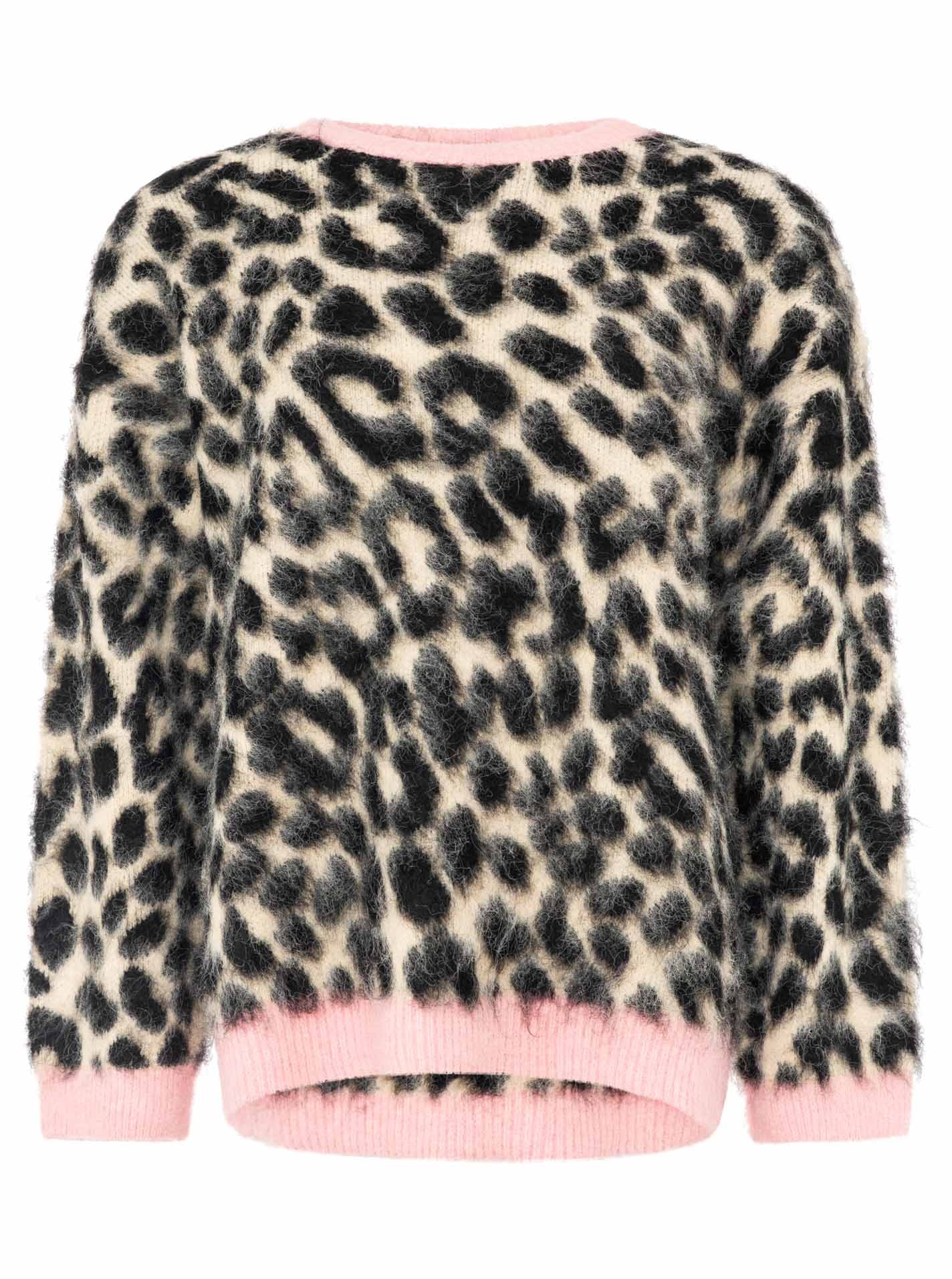 Zwillingsherz Strickpullover »"Fluffy Leo"« Rundhals, Leopardmuster, pinke Bündchen, oversize, Strick