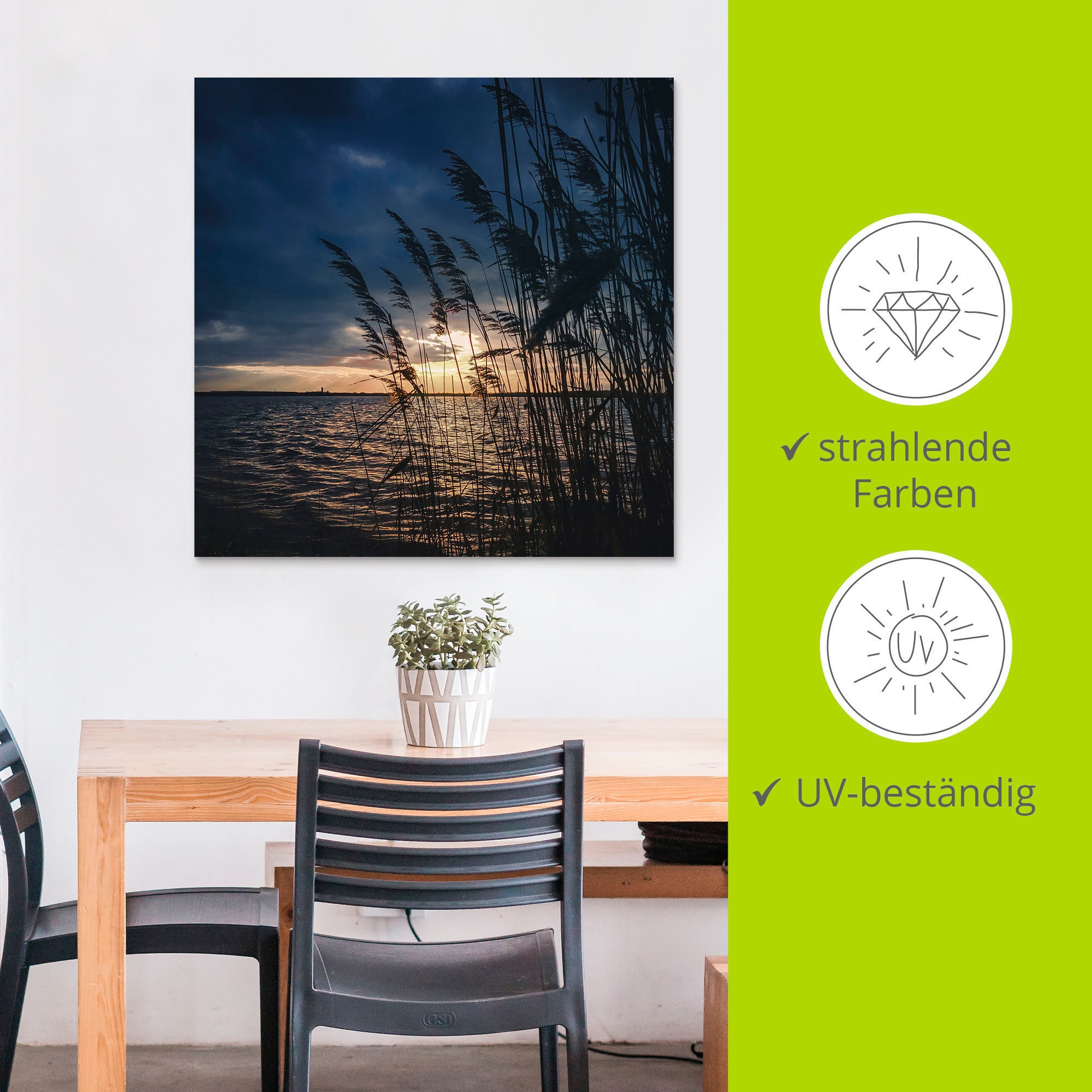 Artland Wandbild »Sonnenuntergang mit Wandaufkleber oder See«, Poster St.), | (1 Leinwandbild, Seebilder, BAUR Größen Schilf Alubild, am in versch. als kaufen