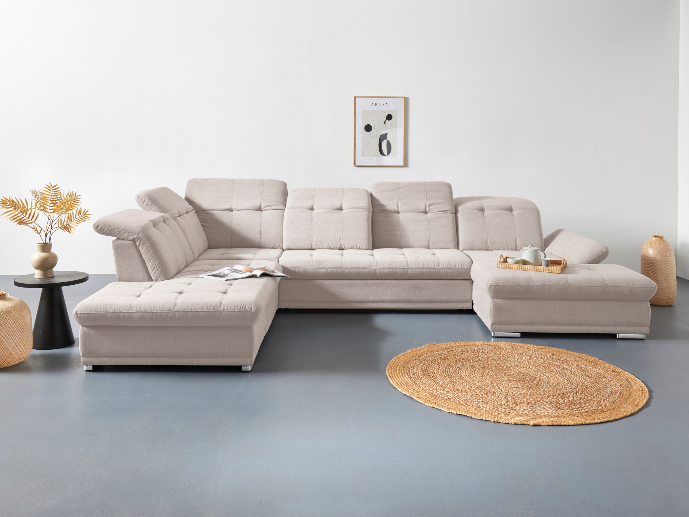 Wohnlandschaft COTTA "Holiday U-Form mit Sitztiefen-, Armteil- und Kopfteilverstellung", grau (elephant), B:386cm H:86cm T:265cm, 100% Polyester, Sofas, Wohnlandschaft, wahlweise mit Bettfunktion & Bettkasten 10