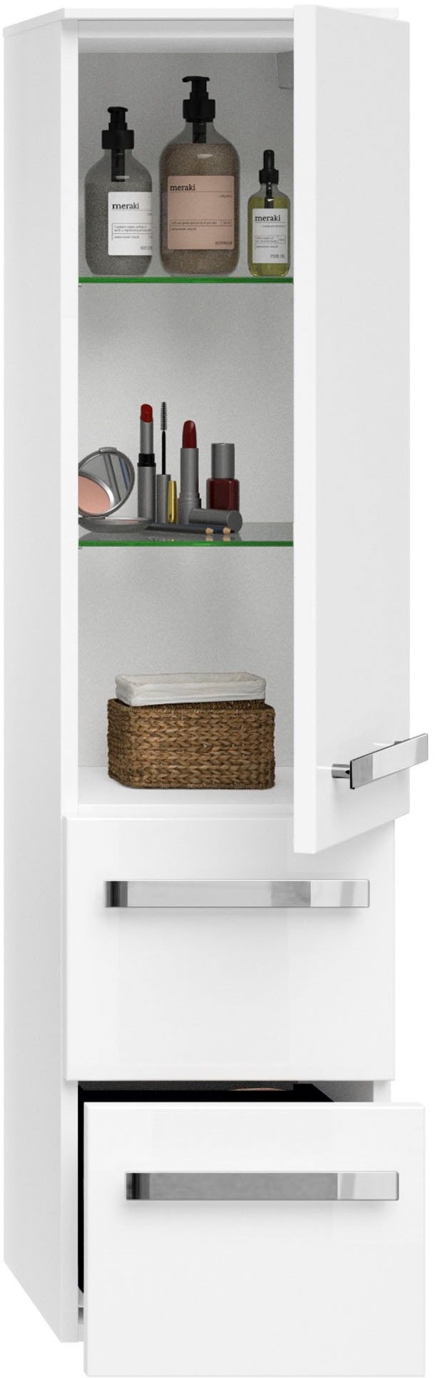 Saphir Badmöbel-Set »Serie 4005, vormontiert, Glaswaschbecken, Spiegelschrank«, (Set, 5 St.), Badezimmer Set 92 cm breit, inkl. Türdämpfer, 3 Türen, 2 Schubladen