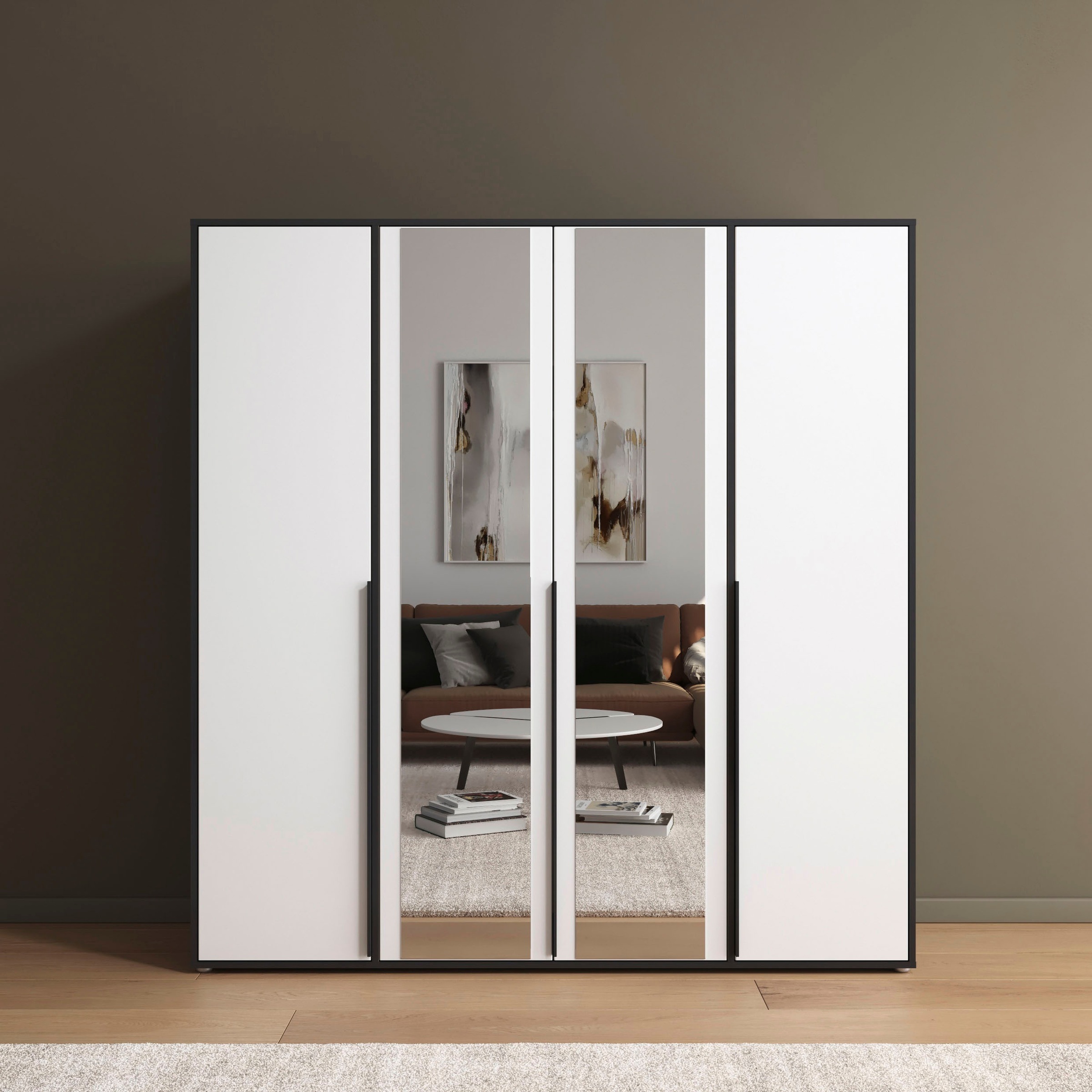 rauch Drehtürenschrank »Kleiderschrank Schrank Garderobe Wäscheschrank NAGATA mit Spiegel«, (in 3 verschiedenen Ausstattungen BASIC/CLASSIC/PREMIUM), und modernen Stangengriffen in Graumetallic TOPSELLER MADE IN GERMANY