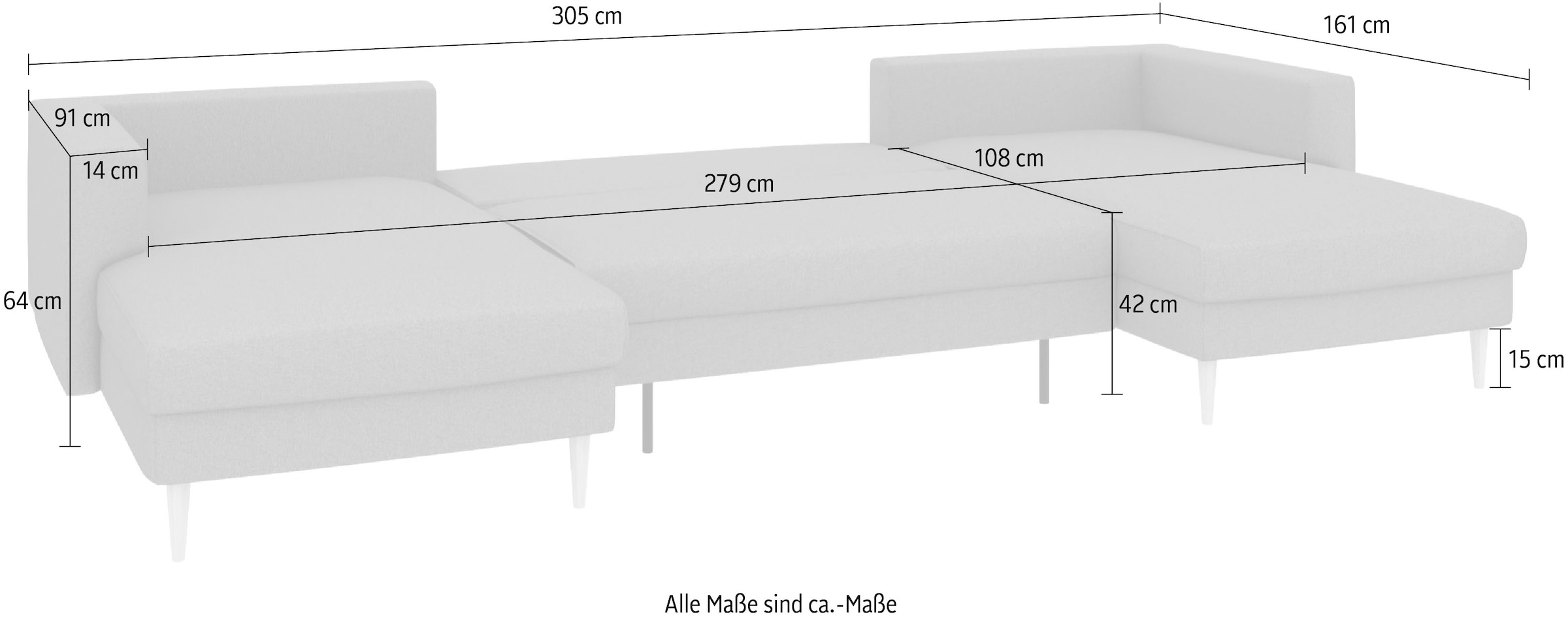 TRENDMANUFAKTUR Wohnlandschaft »Amazing, wahlw. mit Schlaffunktion & Bettkasten, Fuß Buche lackiert« Sofa in U-Form, in Cord oder Struktur, Breite 305 cm