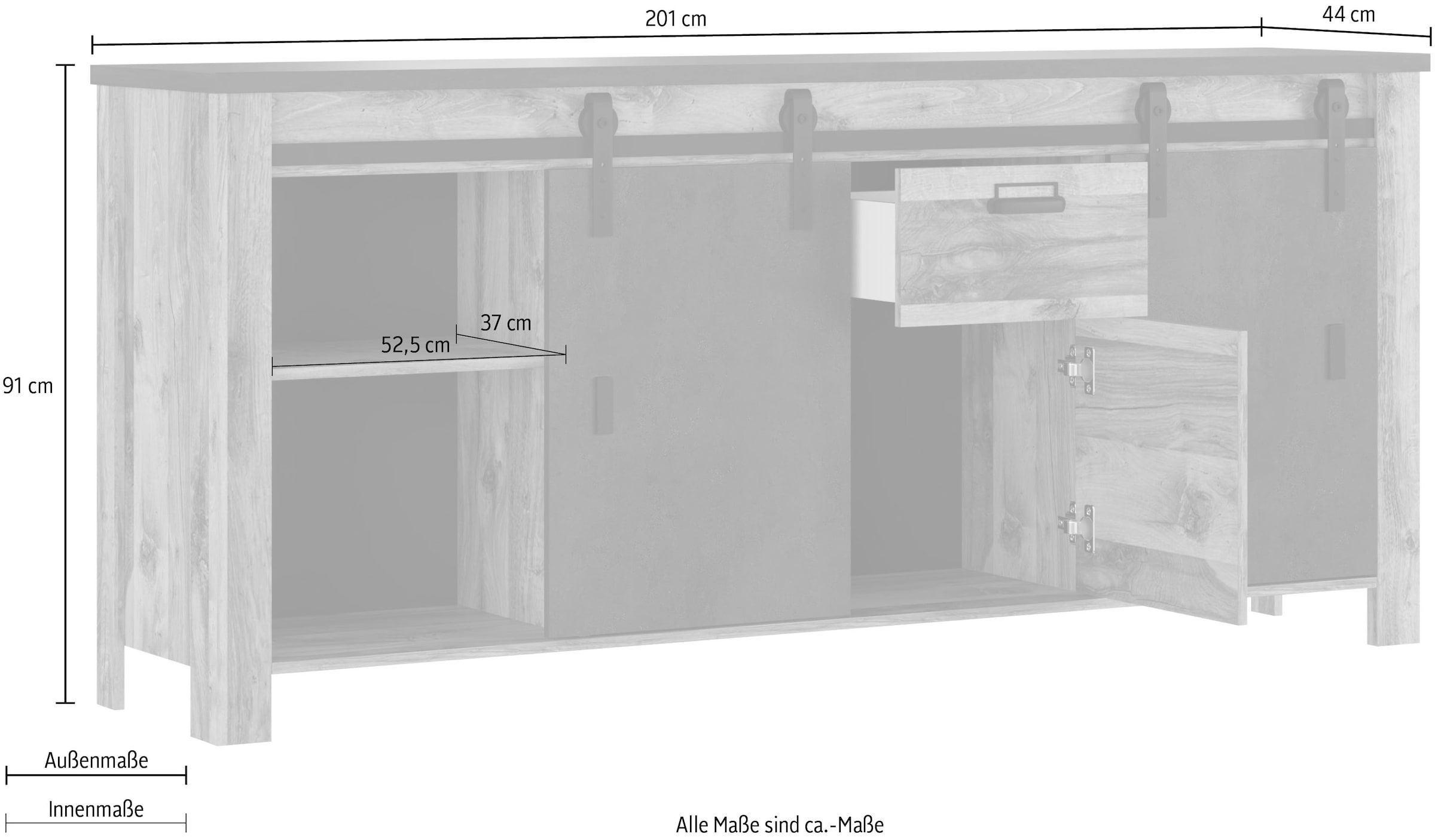 Home affaire Sideboard »York, moderner Schrank, Kommode in Hunton Oak Dekor, Industrialdesign«, mit Scheunentorbeschlägen & Apothekergriffen aus Metall, 201 cm breit