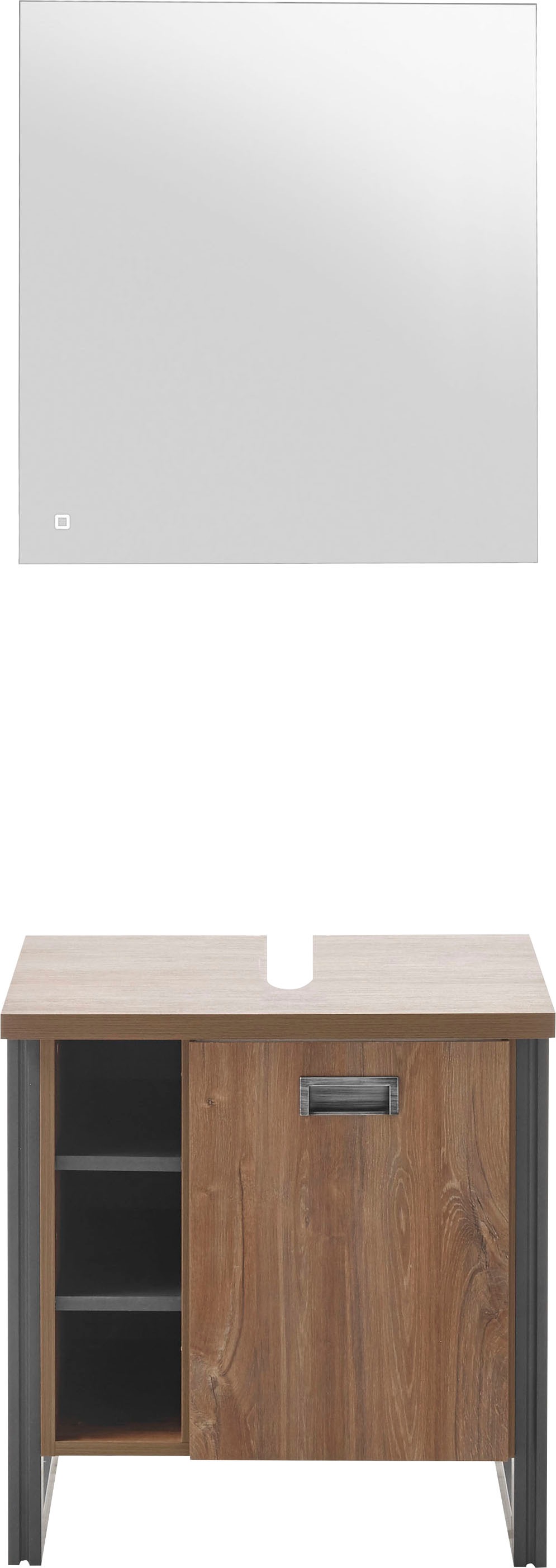Home affaire Badmöbel-Set »Detroit, Bad im Industrialdesign, inkl. LED, 2-teiliges Badezimmer«, (2 St.), Waschbeckenunterschrank und Spiegel, holzfarben, mit offenen Fächern