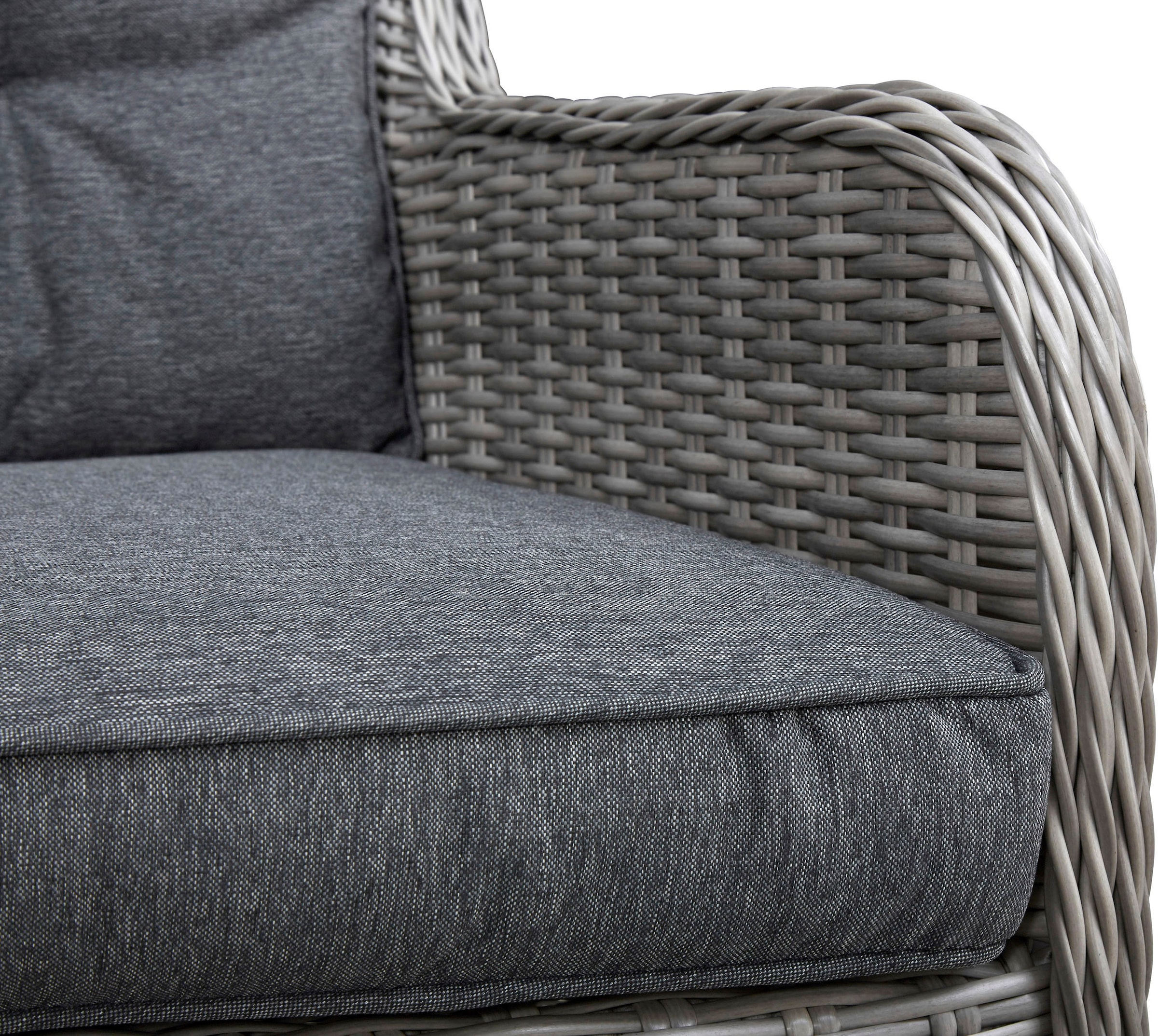 KONIFERA Garten-Essgruppe »Menorca«, (Set, 13 tlg., 4x Sessel, 1x Tisch ØxH: 120x75cm, inkl. Auflagen), Polyrattan, Aluminium, Tischplatte aus 5mm starkem Sicherheitsglas