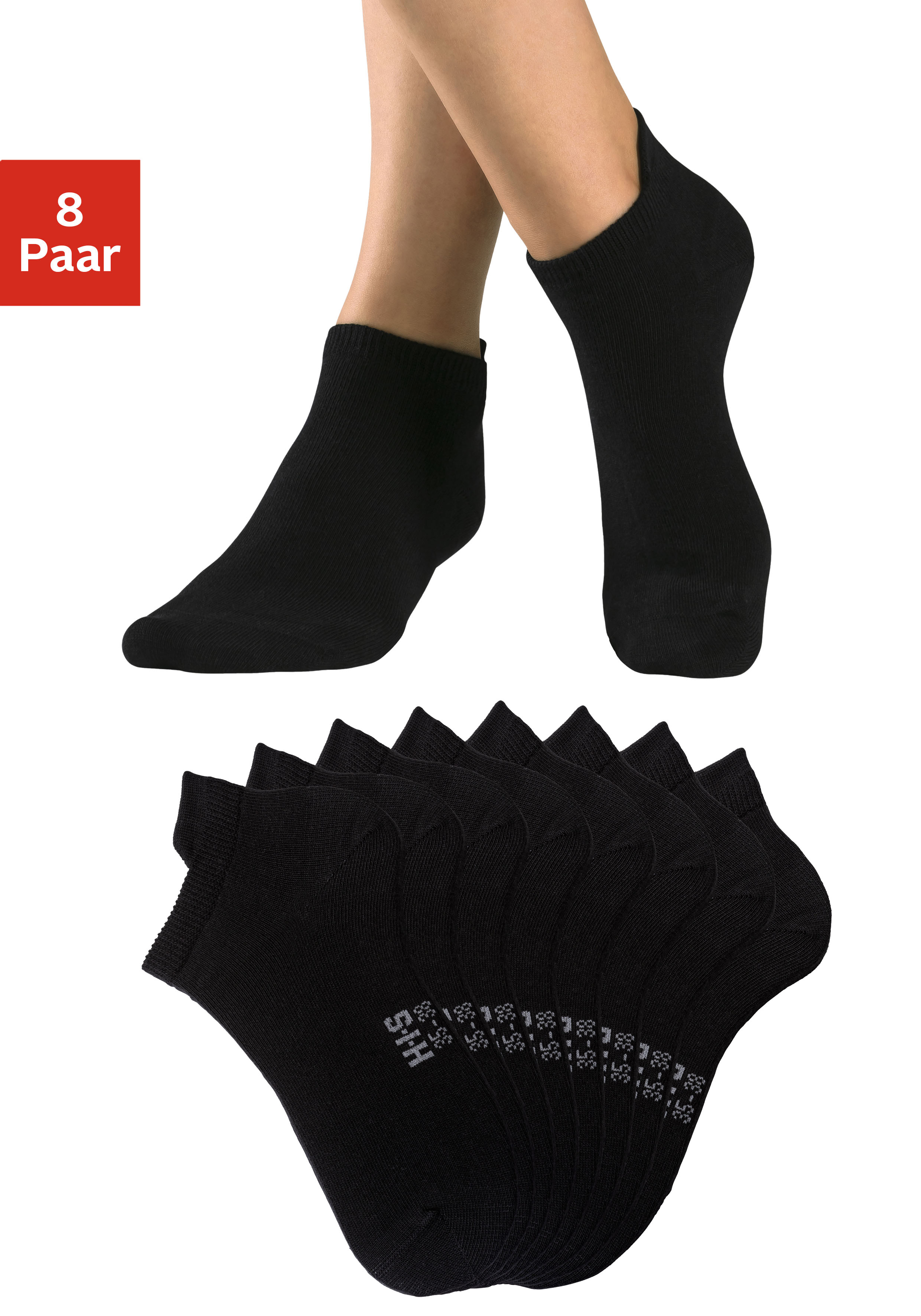 H.I.S Sneakersocken "Damen Herren kurze Sportsocken Laufsocken Atmungsaktive Baumwolle" Packung, 8 Stk. tlg. Knöchelsocken mit verlängertem Bündchen hinten