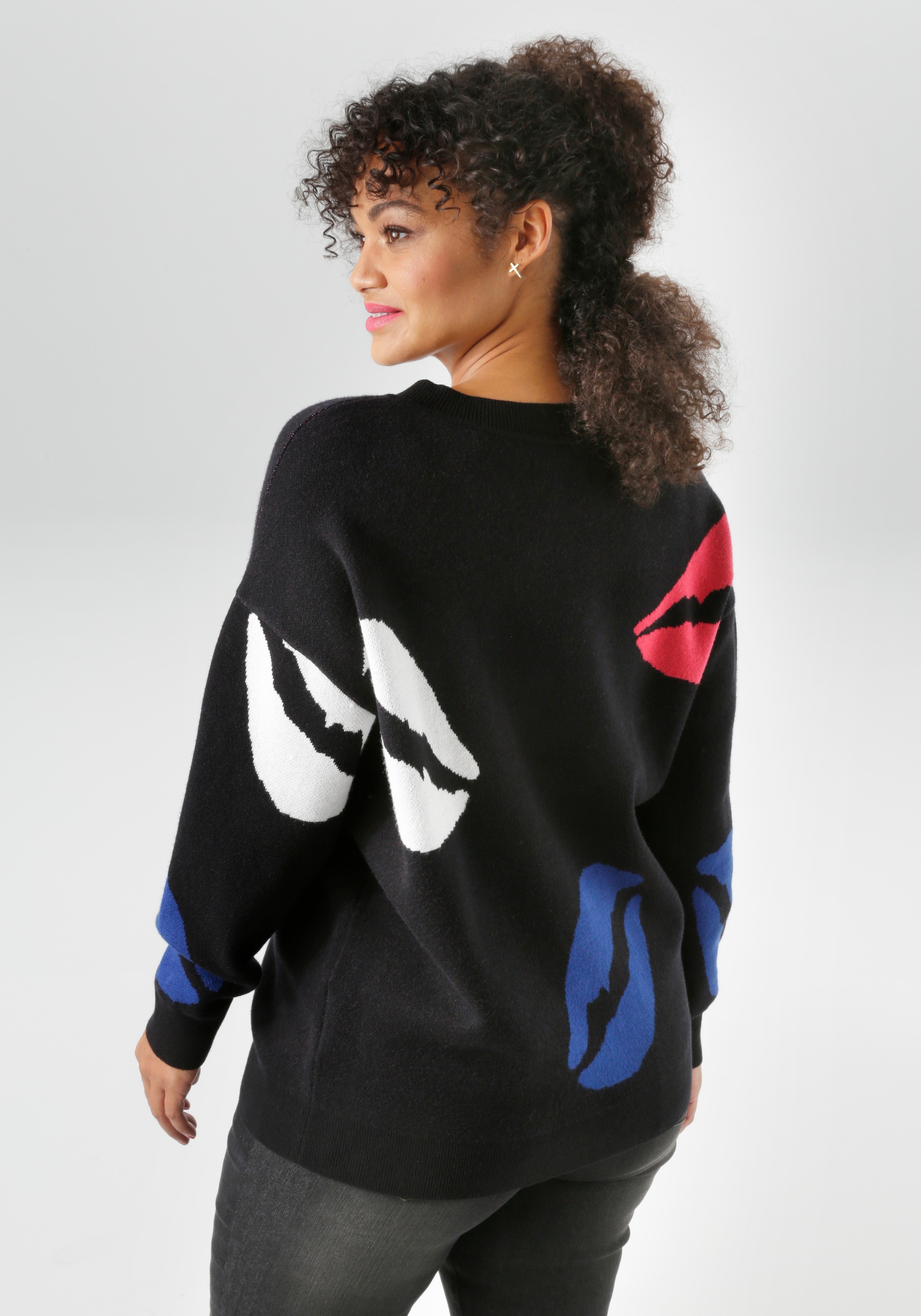 Aniston PLUS Strickpullover, mit eingestrickten farbigen Kussmündern - NEUE KOLLEKTION