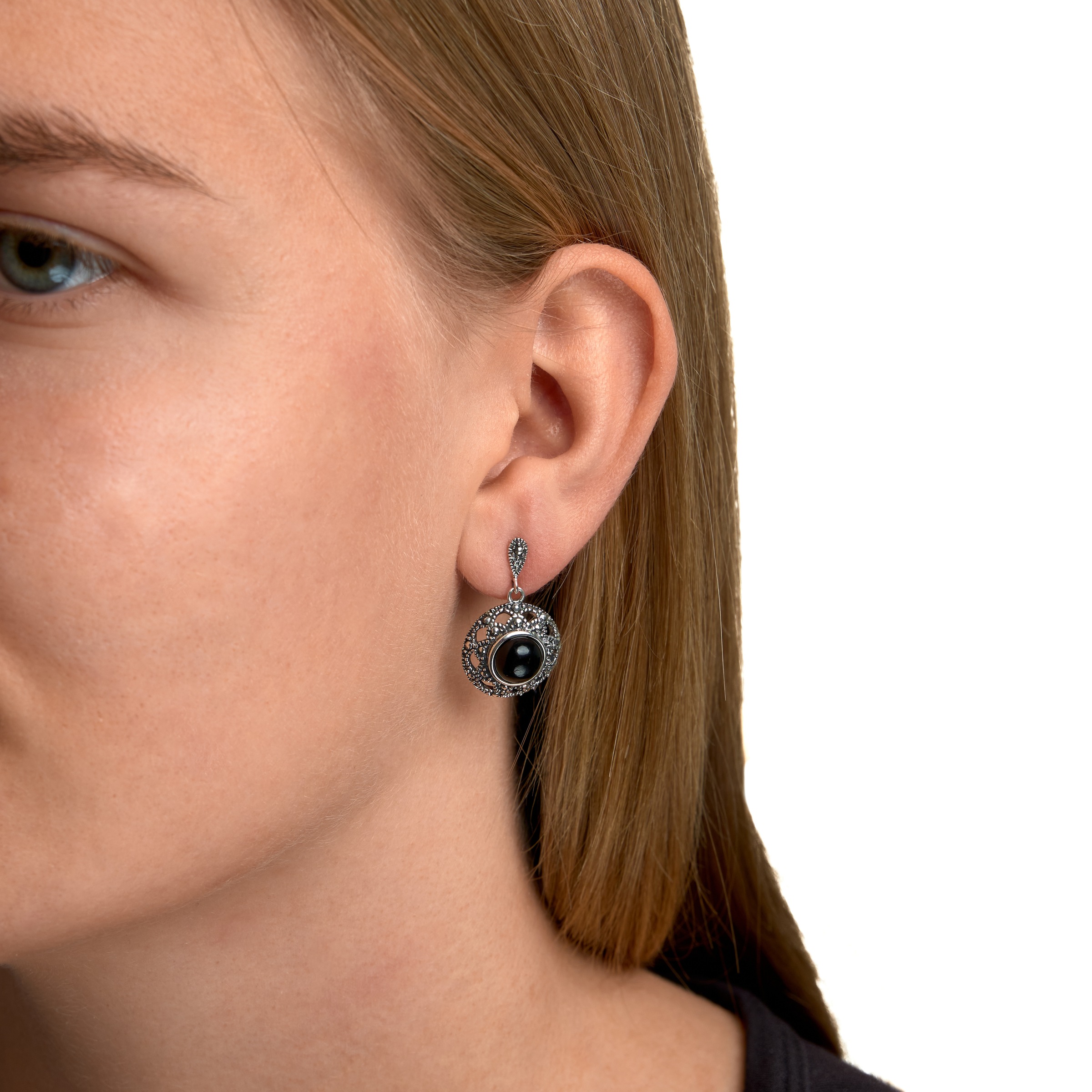 Zeeme Silver 925 Oxidized Black Agate Women's Earrings Black One-Size 2
