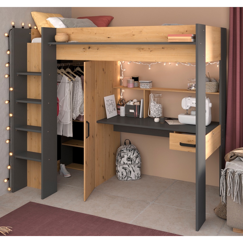 Parisot Hochbett »Heavy«, ALL-IN-ONE, mit Kleiderschrank, Schreibtisch, Leiter, Stauraum