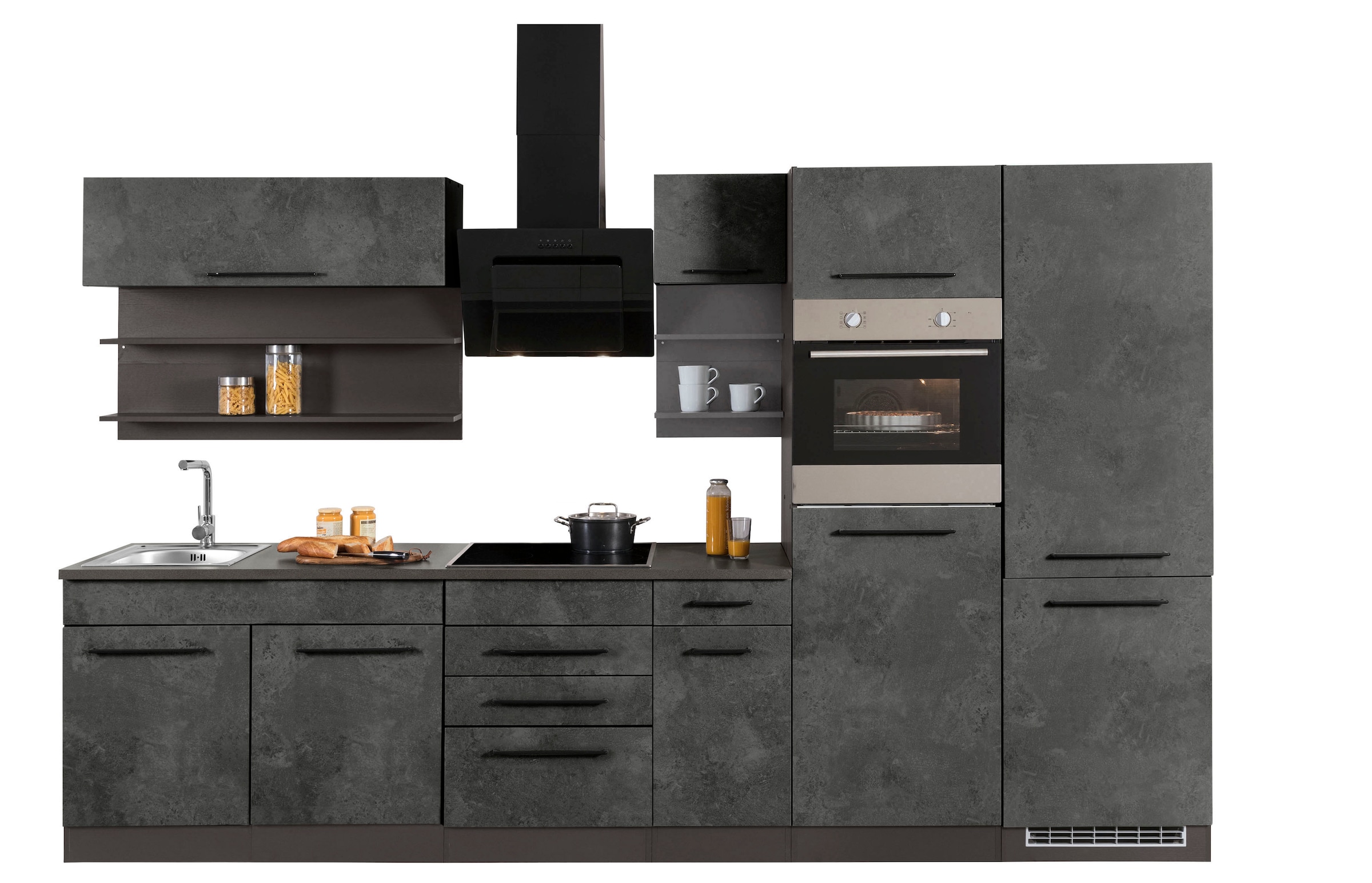 KOCHSTATION Küchenzeile "KS-Tulsa", mit E-Geräten, Breite 330 cm, schwarze Metallgriffe, MDF Fronten