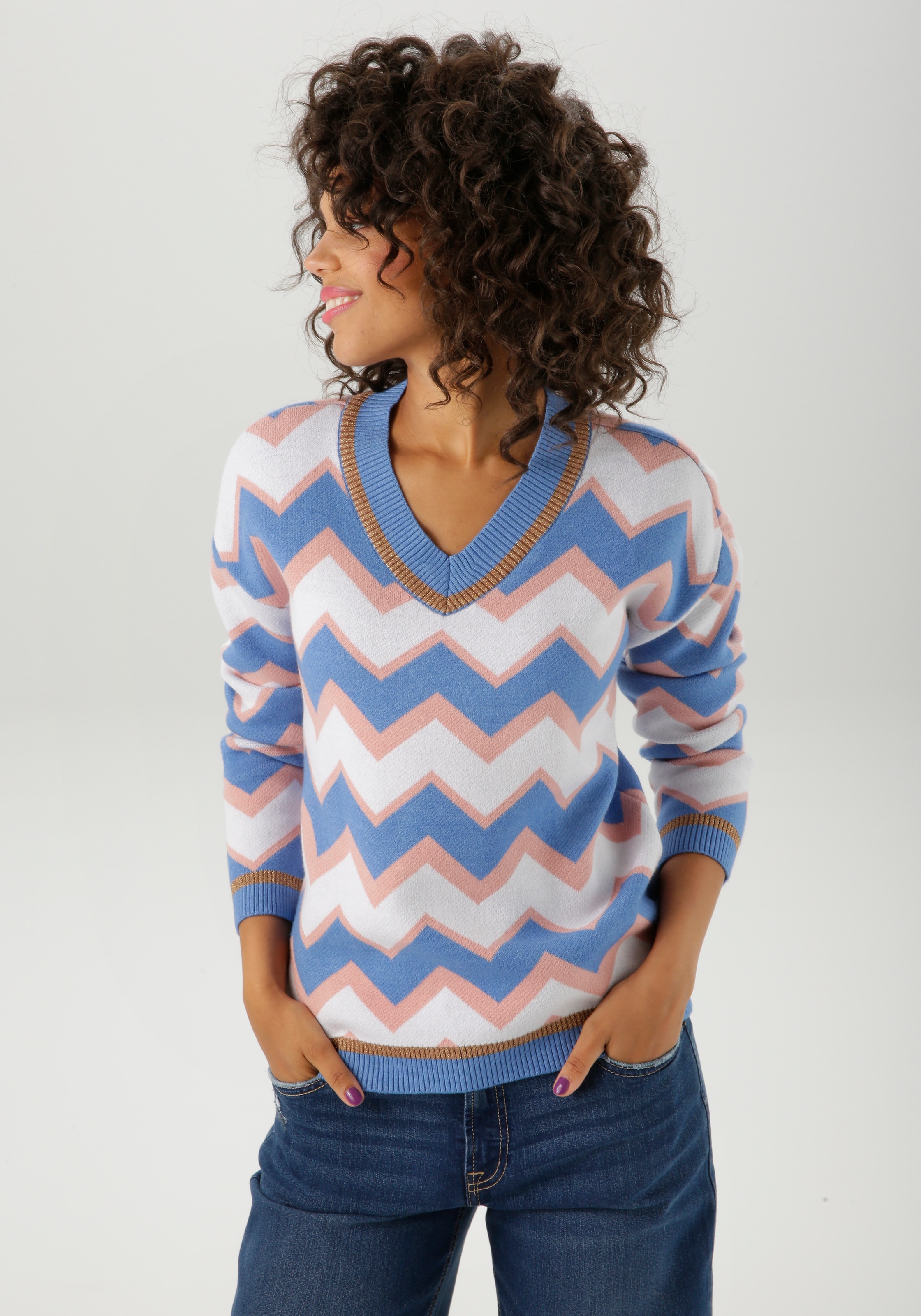 Aniston CASUAL Strickpullover im interessantem Zick-Zack-Muster günstig online kaufen