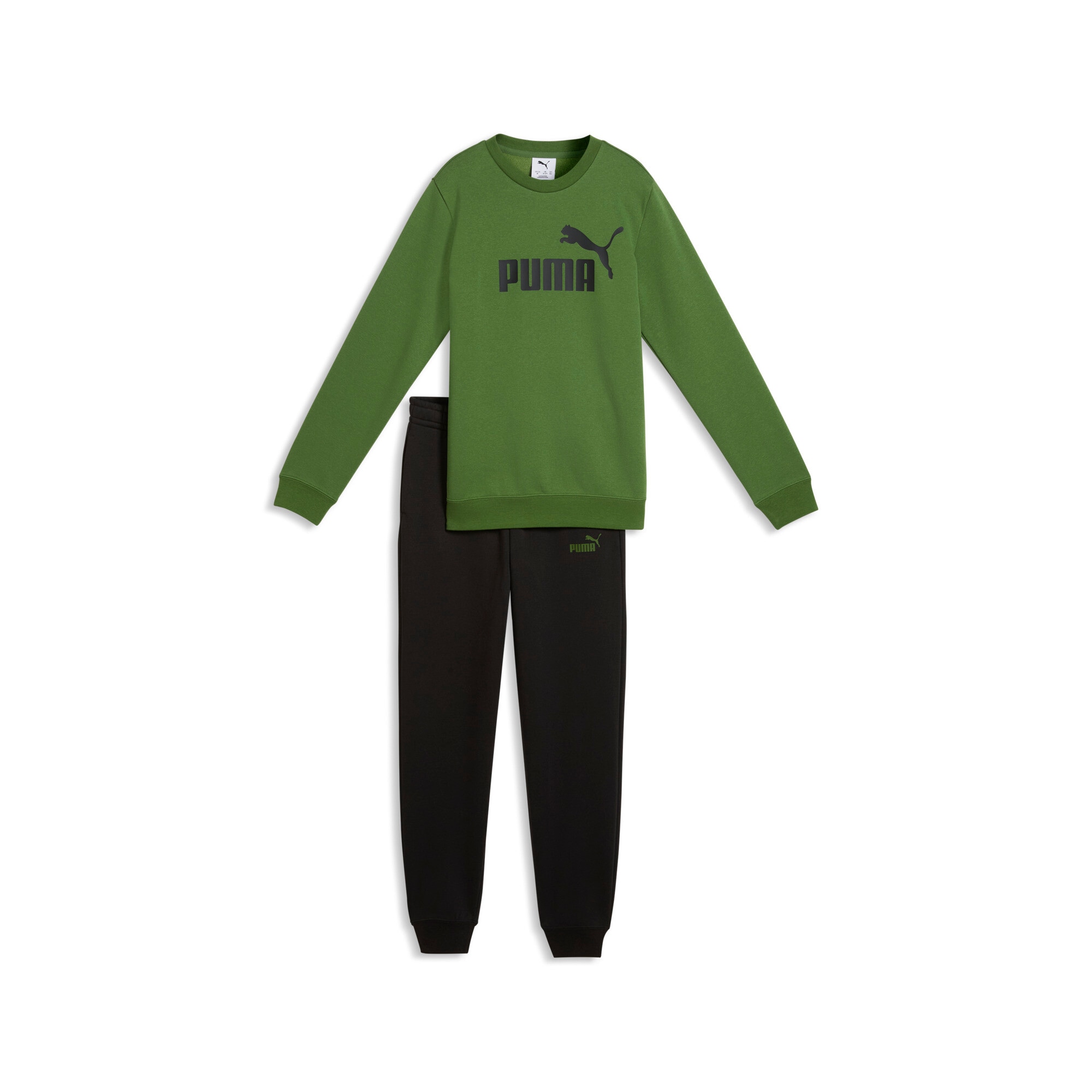PUMA Trainingsanzug "ESS NO1 LOGO CREW SWEAT SUIT FL B" 2 zweiteilig, entspannte Passform, ohne Kapuze