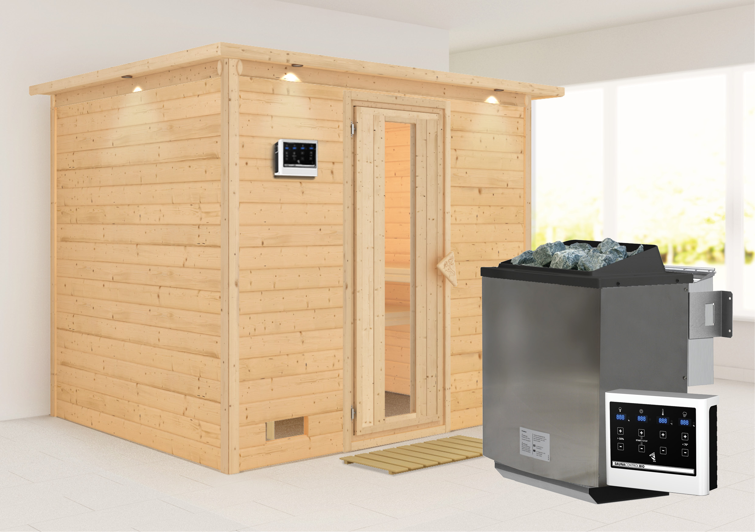 Karibu Sauna "Soraja" Set, Ofen 9 kW Bio externe Strg easy