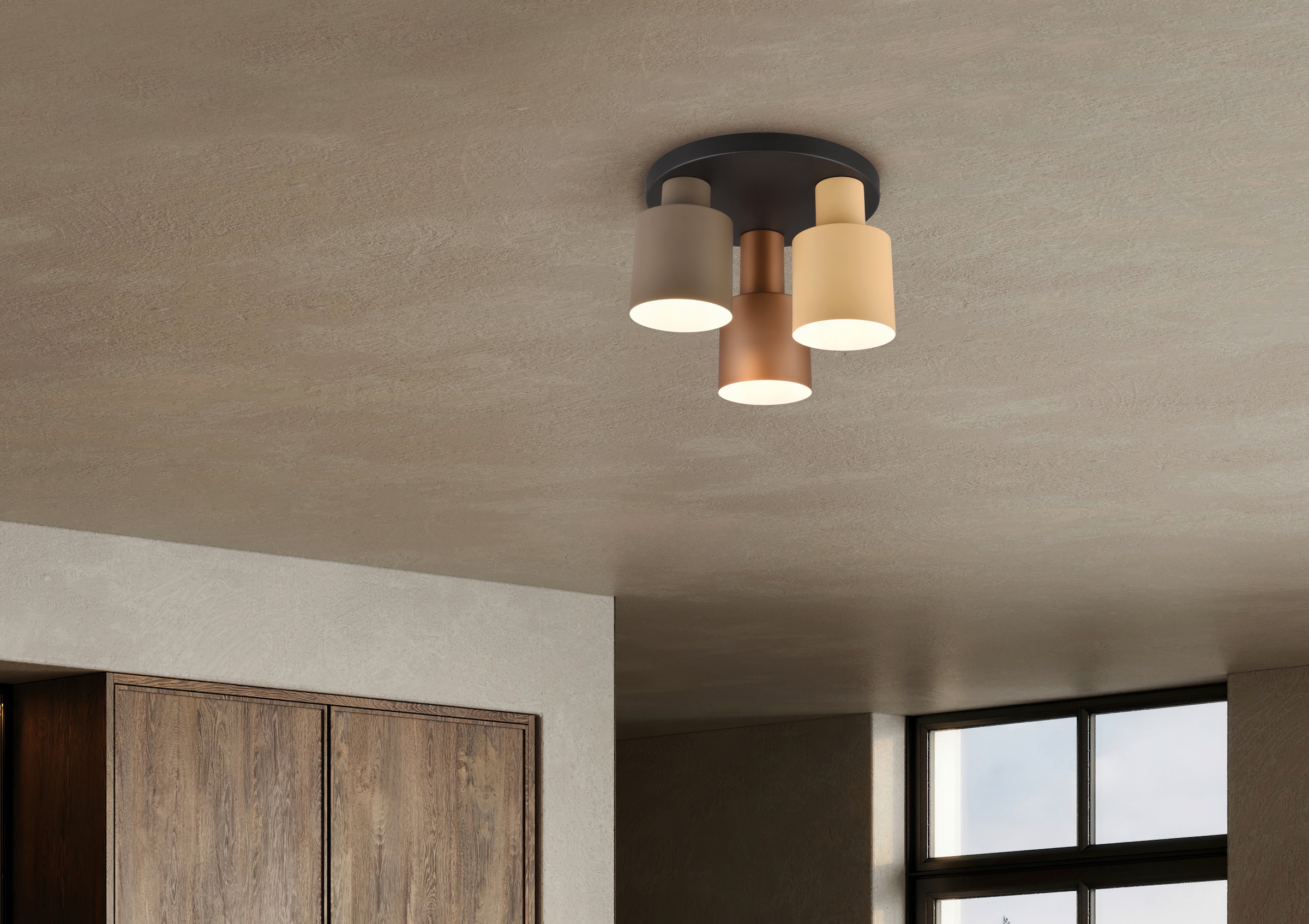 TRIO Leuchten Deckenleuchte »AGUDO, Deckenlampe Ø30cm Wohnzimmer 3-flammig exkl 3xE27 max 40W«, 3 flammig, Leuchtmittel E27 | Leuchtmittel wechselbar, mehrfarbige Lampenschirme in beige taupe & coffee, Schlafzimmerlampe
