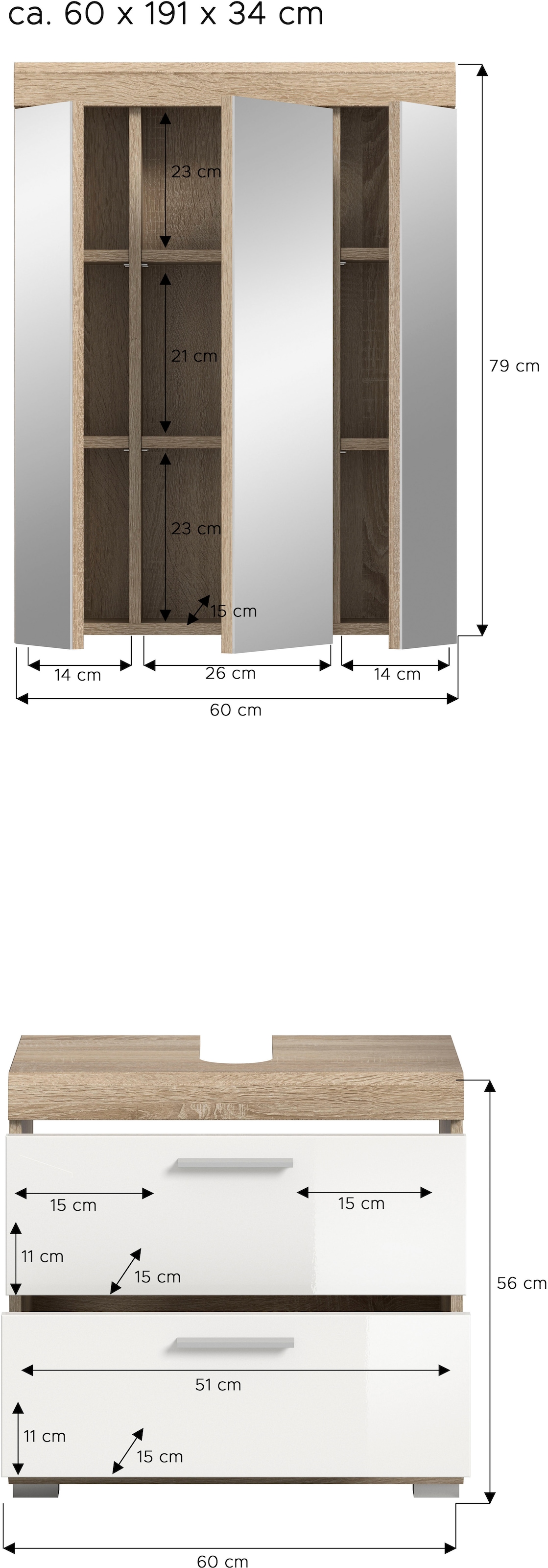 welltime Badmöbel-Set »SIENA, 2 tlg., bestehend aus: Waschbeckenunterschrank, Spiegelschrank« Set, TOPSELLER!, 2 Stk. tlg.