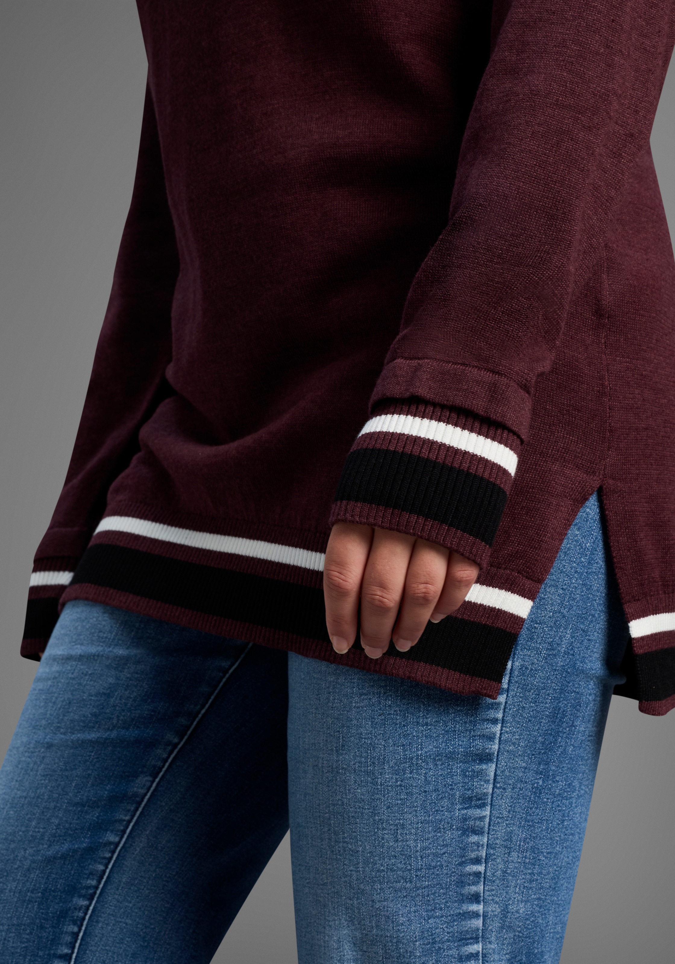 Schalkragenpullover KANGAROOS, Damen, Gr. 48/50, bordeaux, Strick, Obermaterial: 50% Baumwolle, 50% Polyacryl, lässig geschnitten lang, Rippbündchen, Pullover, mit hohem Schalkragen auch in großen Größen 2