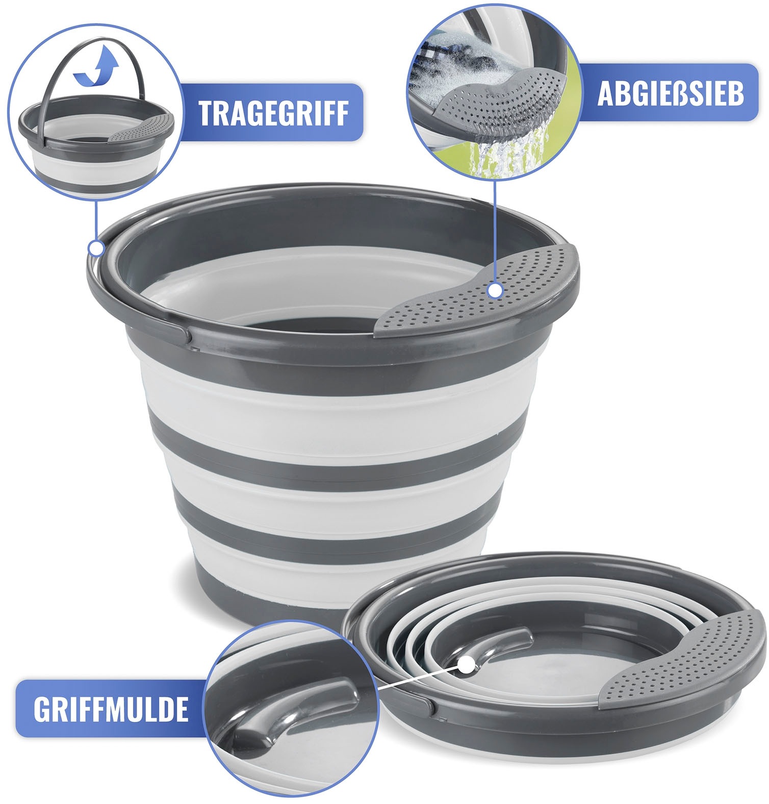 Maximex Falteimer, (Set, 2 tlg.), Griffmulde im Boden und Tragegriff, mit Abgießsieb, 10 L